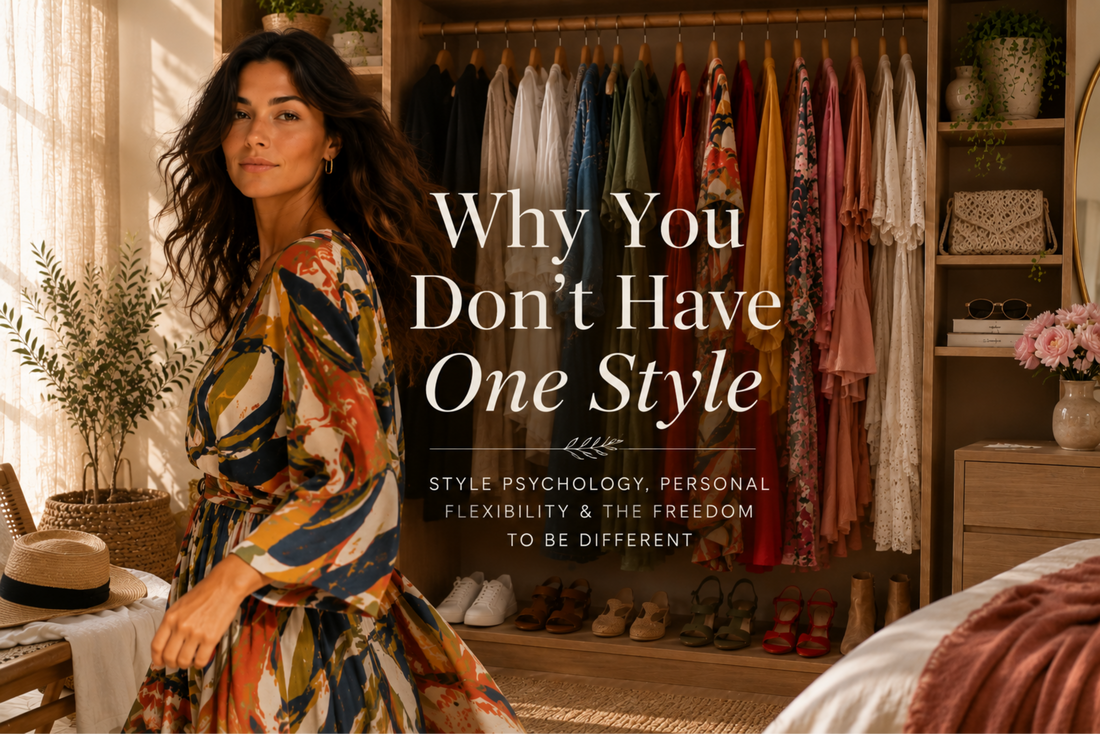 Woman in a bold abstract-print dress standing beside an open wardrobe filled with contrasting colors and styles, illustrating personal flexibility and the freedom to express different sides of one identity.