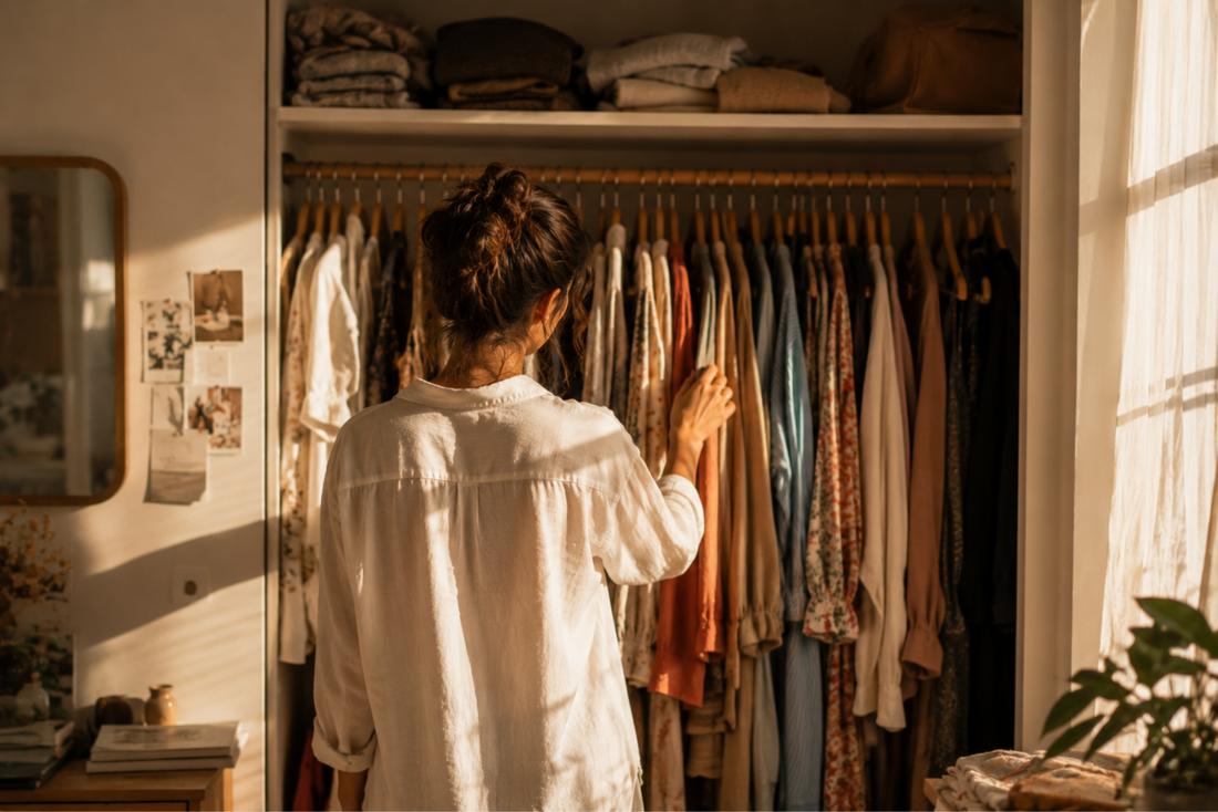  Woman standing in front of an open wardrobe in morning light — the moment of deciding what to wear and who to be today