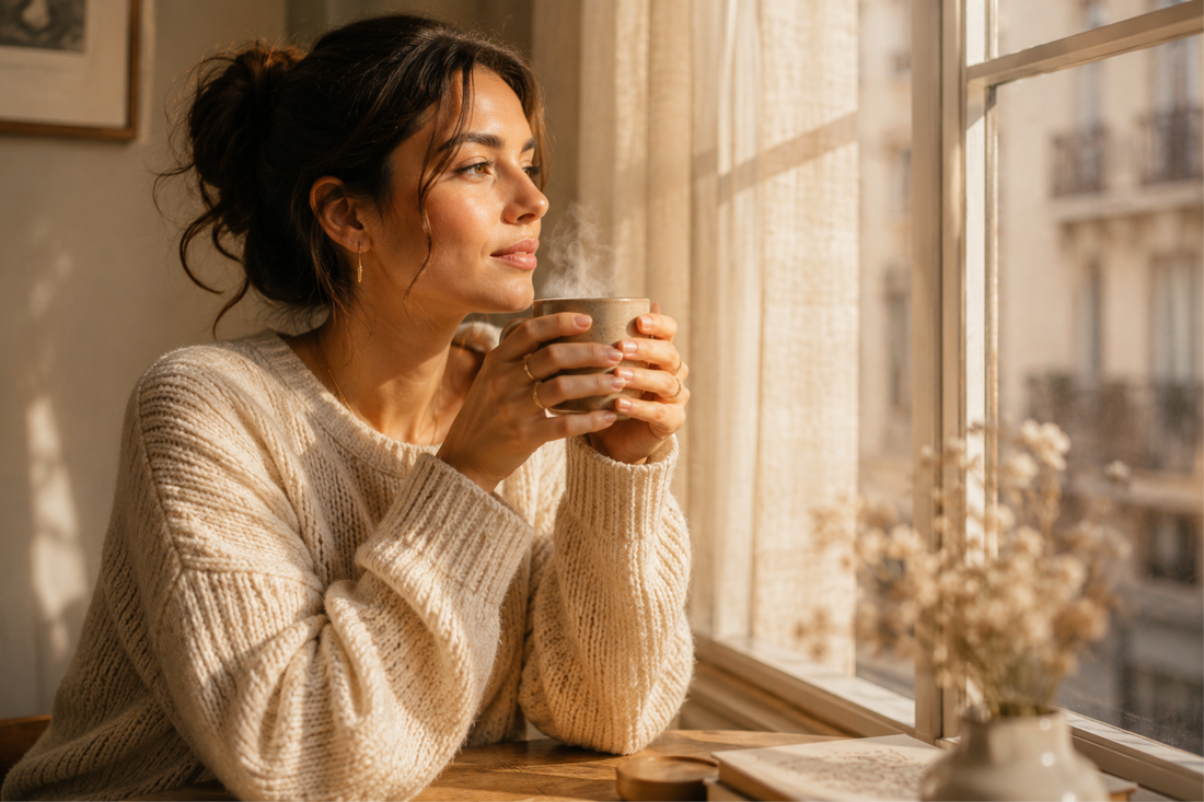 Hands wrapped around a warm ceramic mug in morning light — a moment of stillness before the day begins