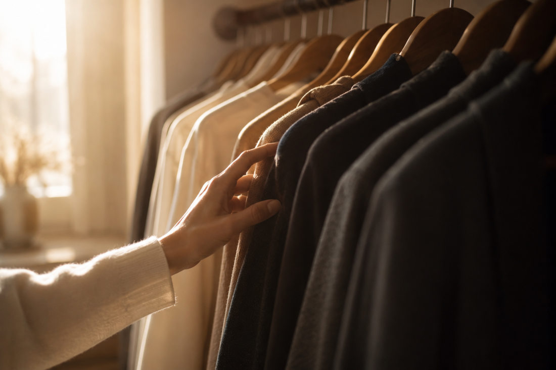 Close-up of a hand reaching through hanging clothes in soft morning light — the quiet moment before getting dressed