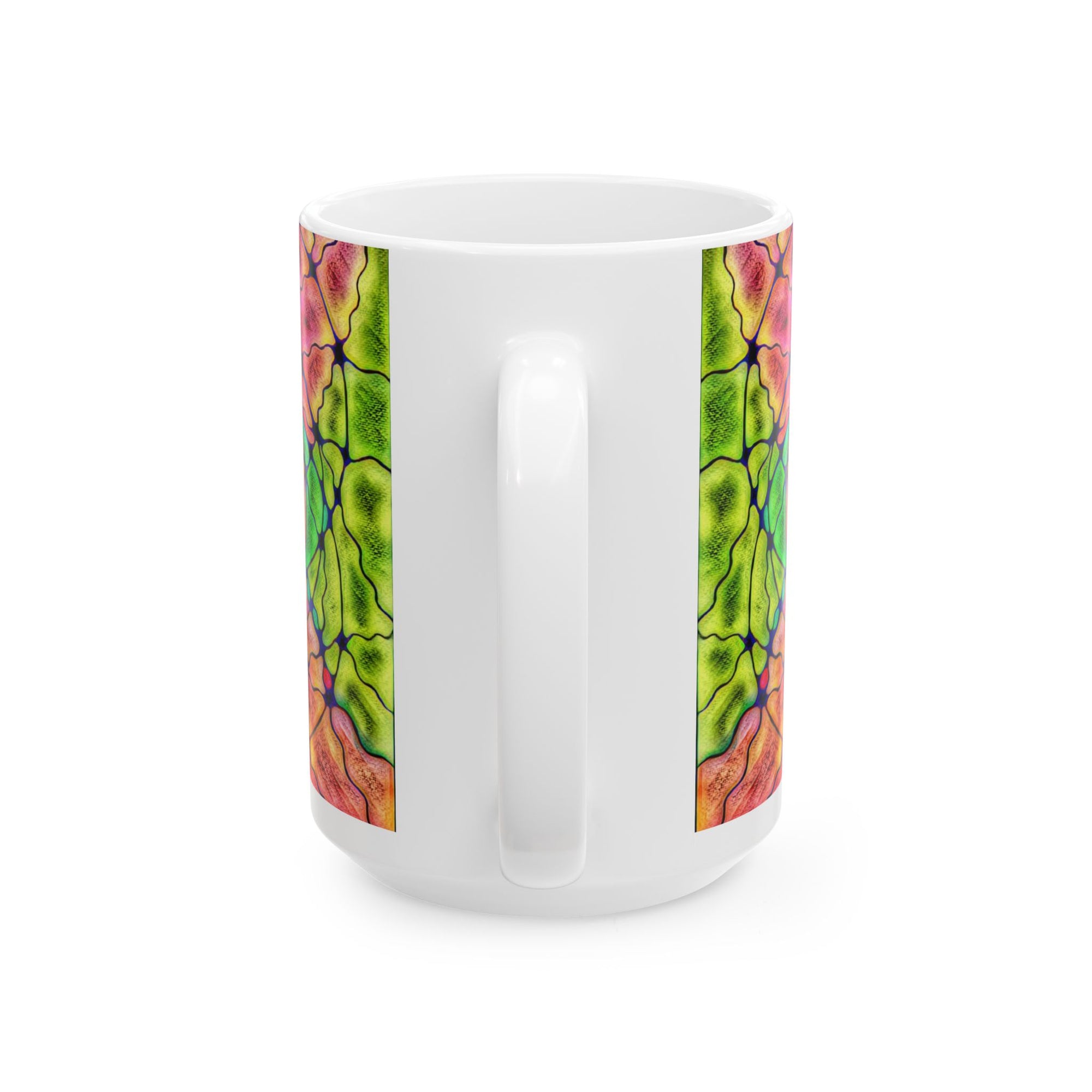 Colorful abstract ceramic mug with multicolor pattern, perfect for coffee or tea lovers, a modern kitchen accent and a unique artistic gift.