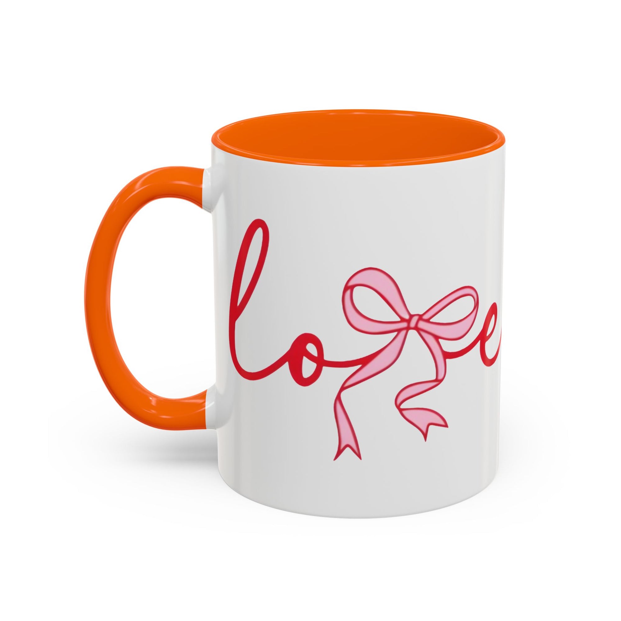Romantic Love Mug | White Ceramic Coffee Cup with Red Bow Design, Colored Handle