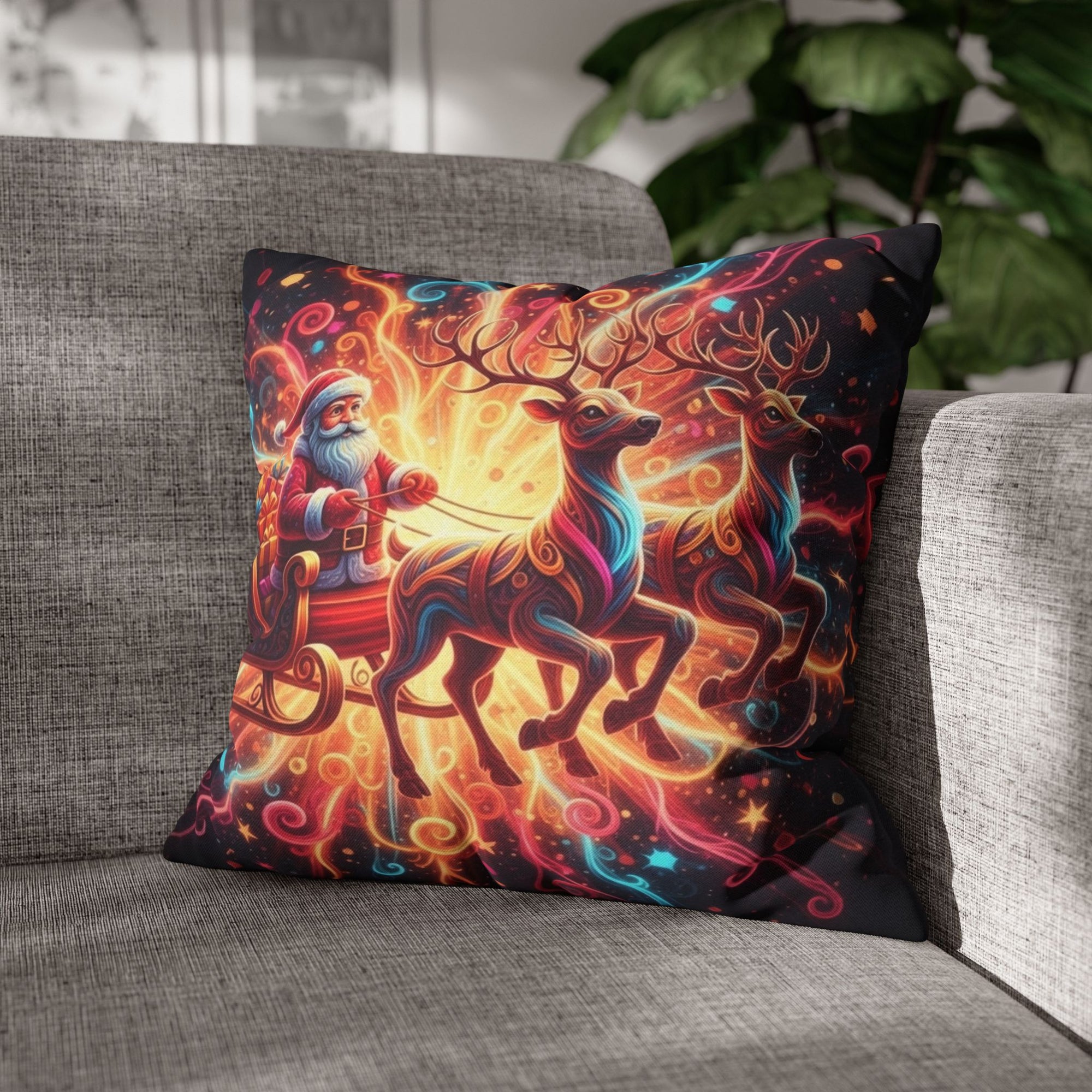 Santa Sleigh Throw Pillow | Christmas Reindeer Cushion