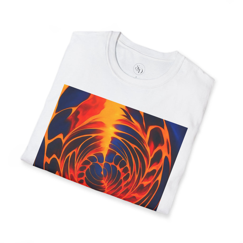 Fiery Vortex Abstract Unisex Tee | Vibrant Lava Swirl Graphic Shirt | Modern Art Apparel