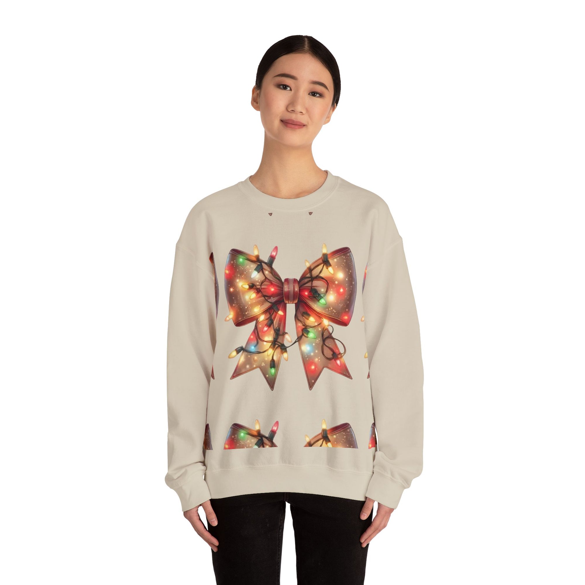 Festive Christmas Bow Sweatshirt | Holiday Lights Ribbon Pullover