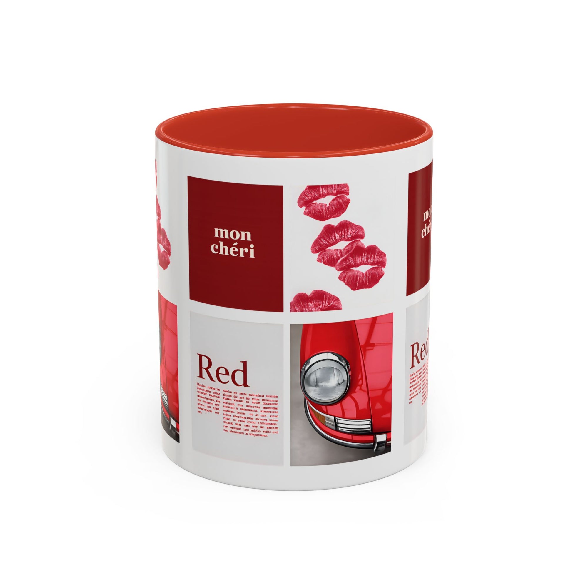 Red Mug | Vintage Car & Kiss Print Coffee Cup | Colorful Ceramic