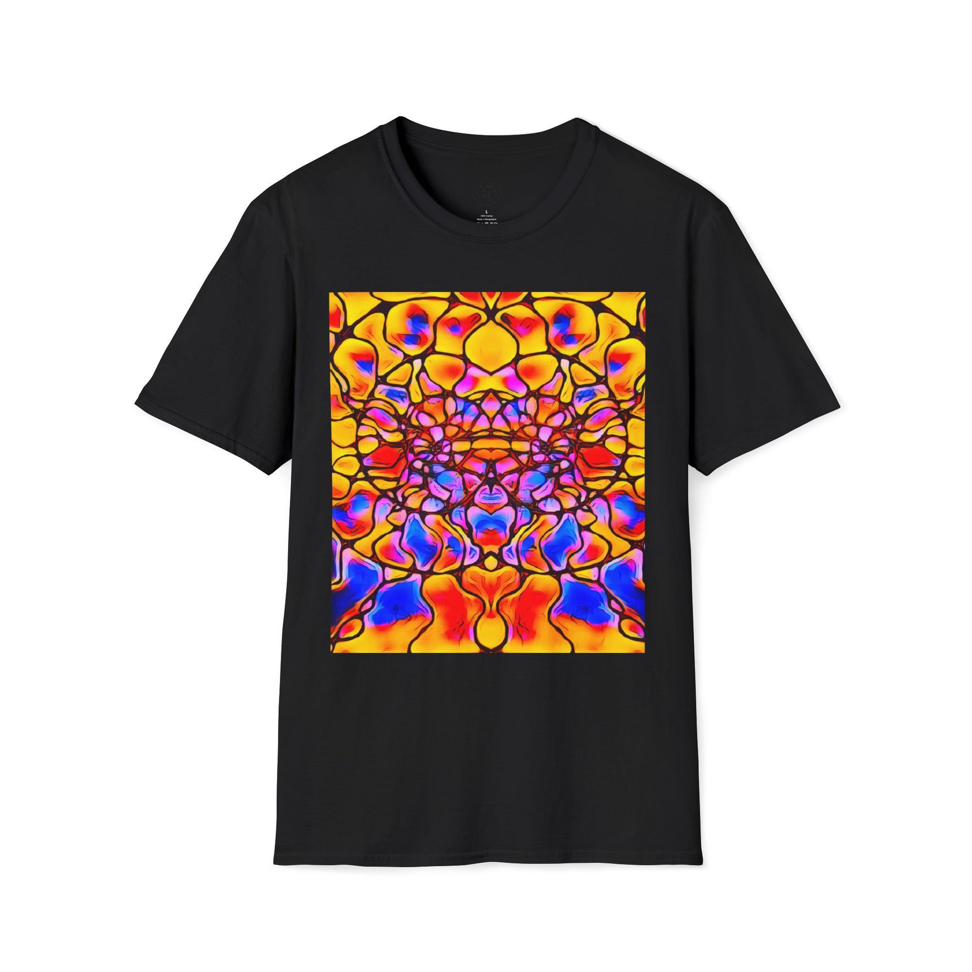 Energetic cotton t-shirt with vivid abstract design, radiates color, power, and inner fire