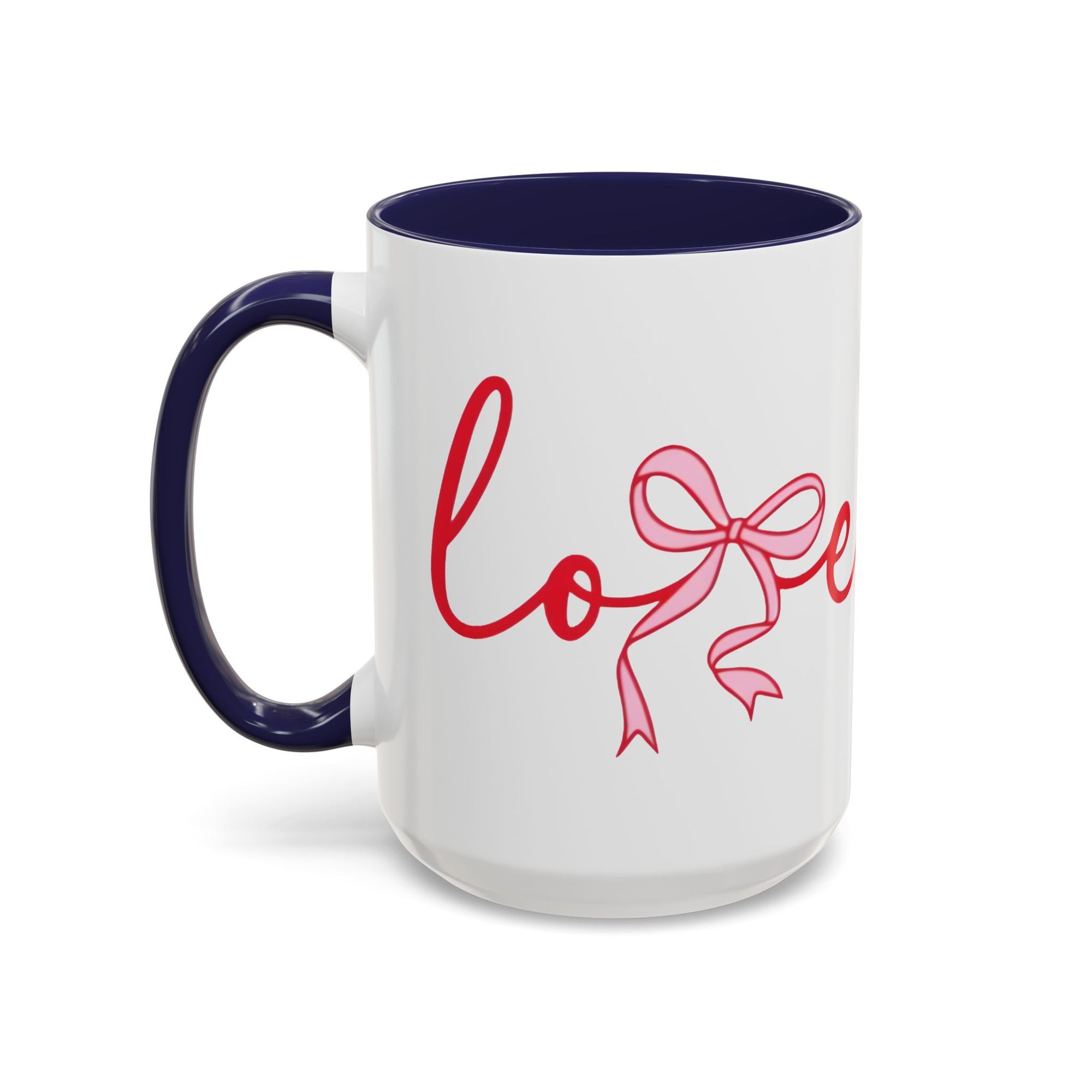 Romantic Love Mug | White Ceramic Coffee Cup with Red Bow Design, Colored Handle