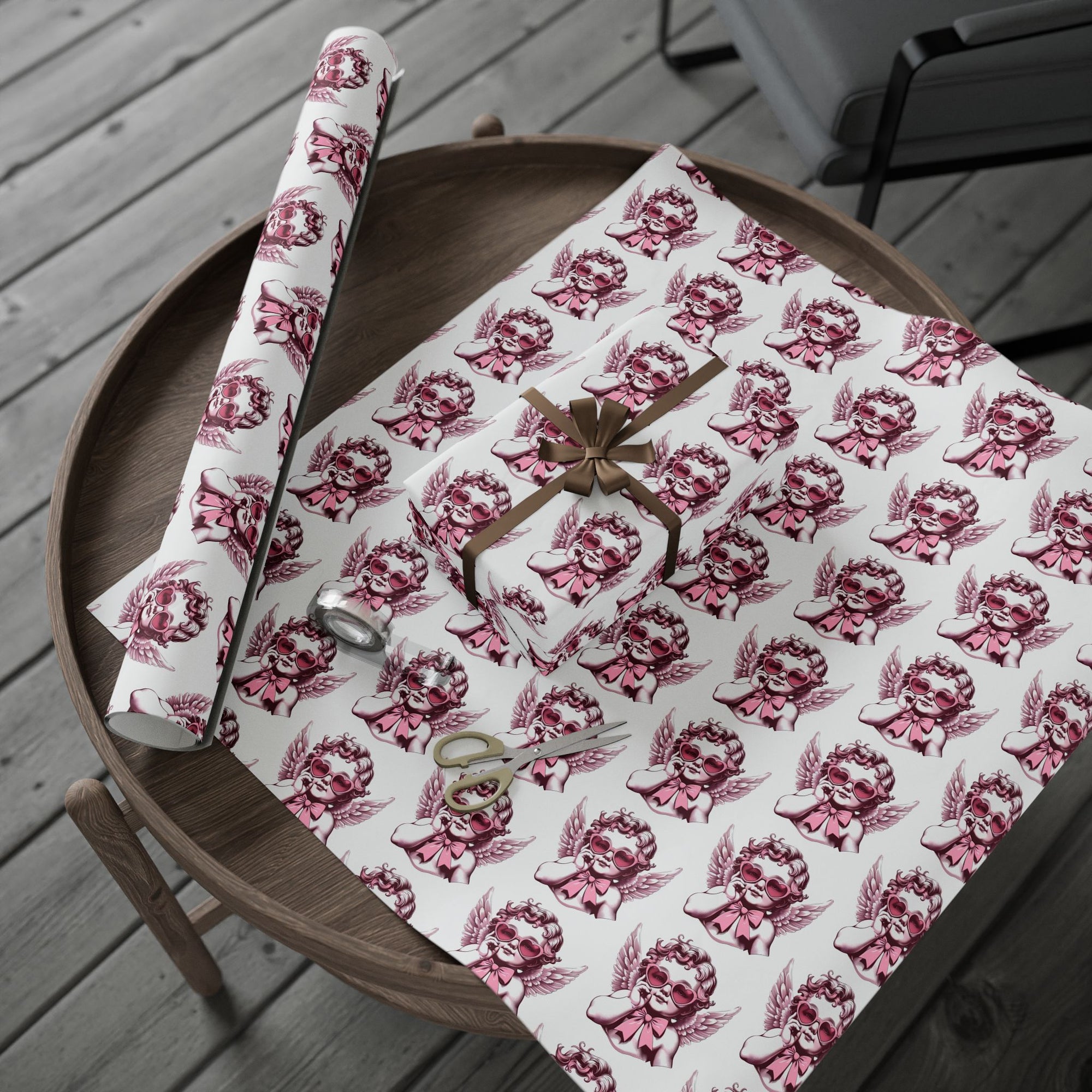 Valentines Day Wrapping Paper with Cherub Angels | Romantic Gift Wrap, Pink Angel Pattern