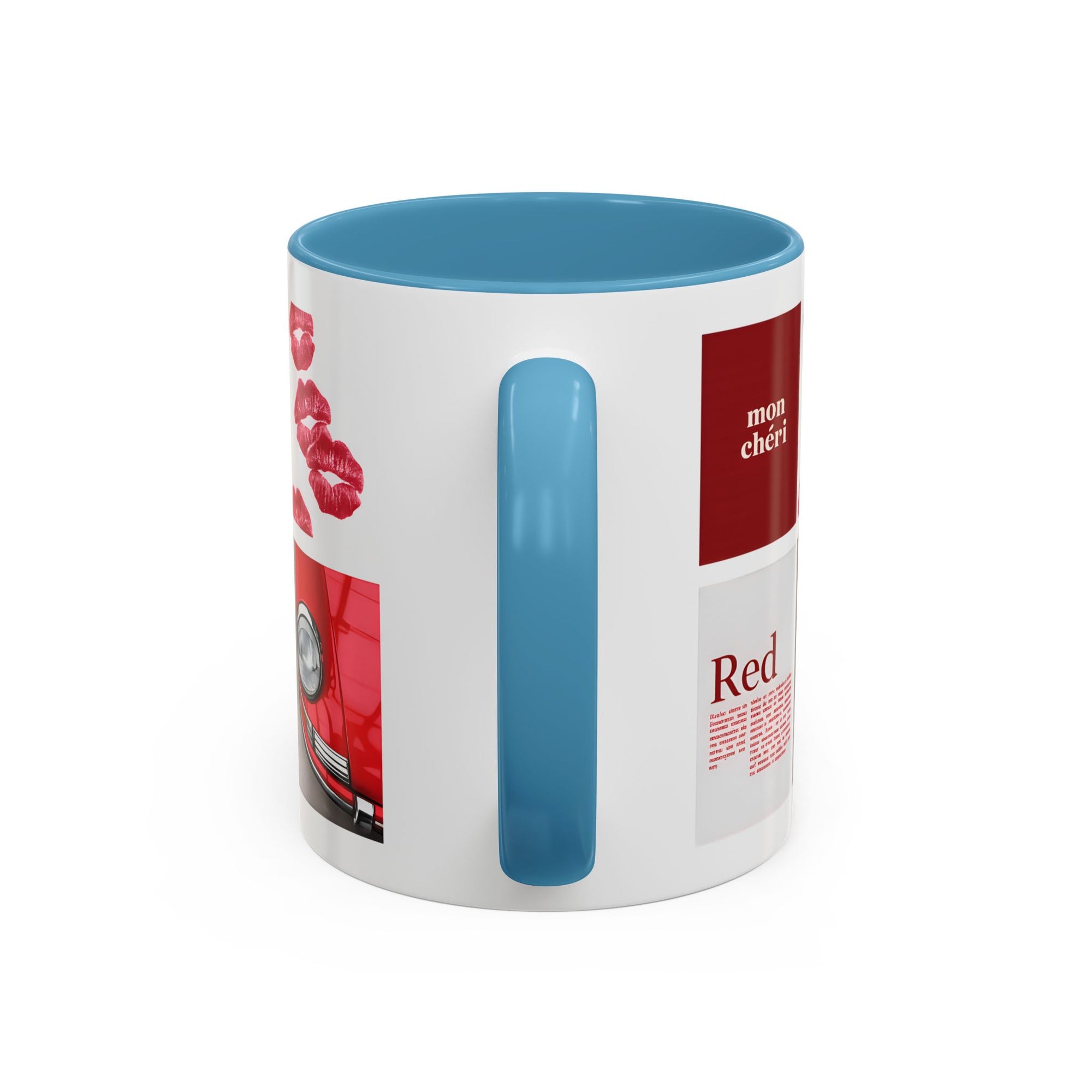 Red Mug | Vintage Car & Kiss Print Coffee Cup | Colorful Ceramic
