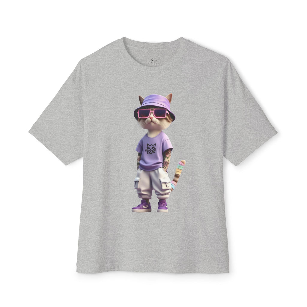 Cool Cat Graphic Oversized Tee – Purple Bucket Hat Streetwear T-Shirt