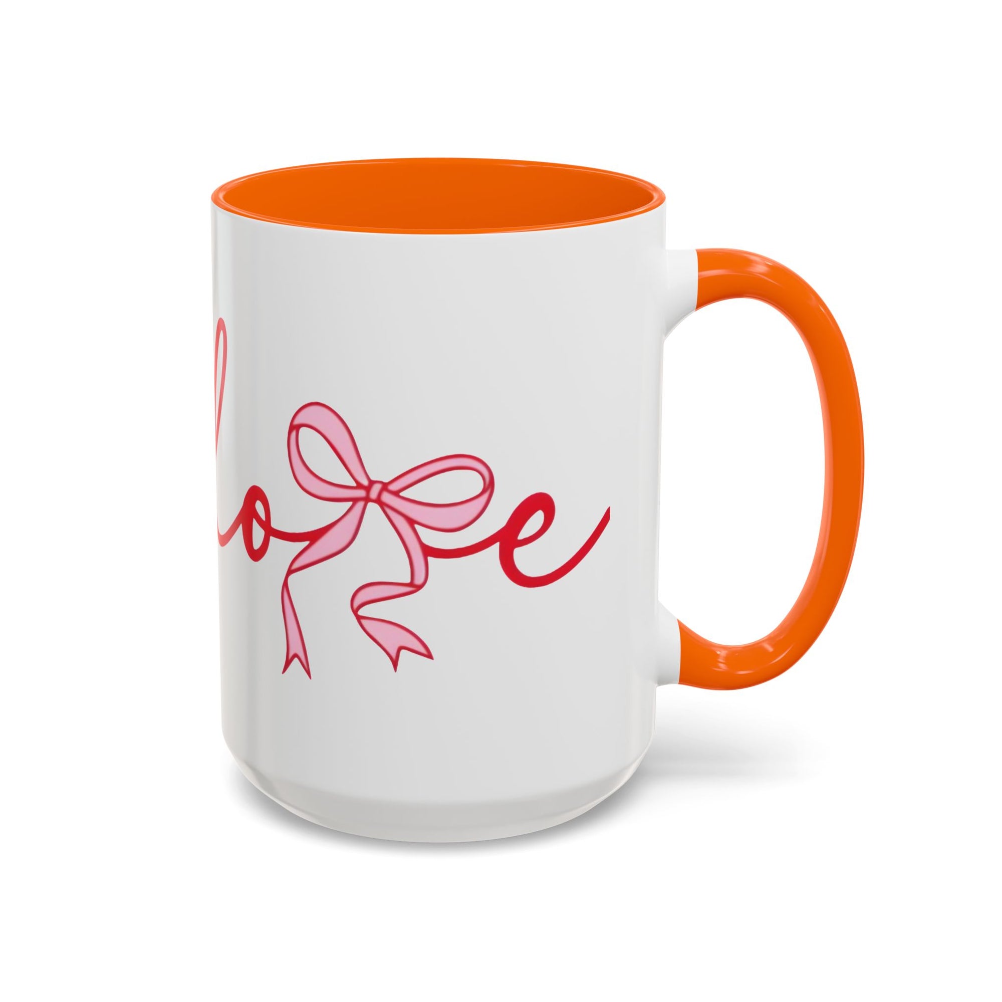 Romantic Love Mug | White Ceramic Coffee Cup with Red Bow Design, Colored Handle