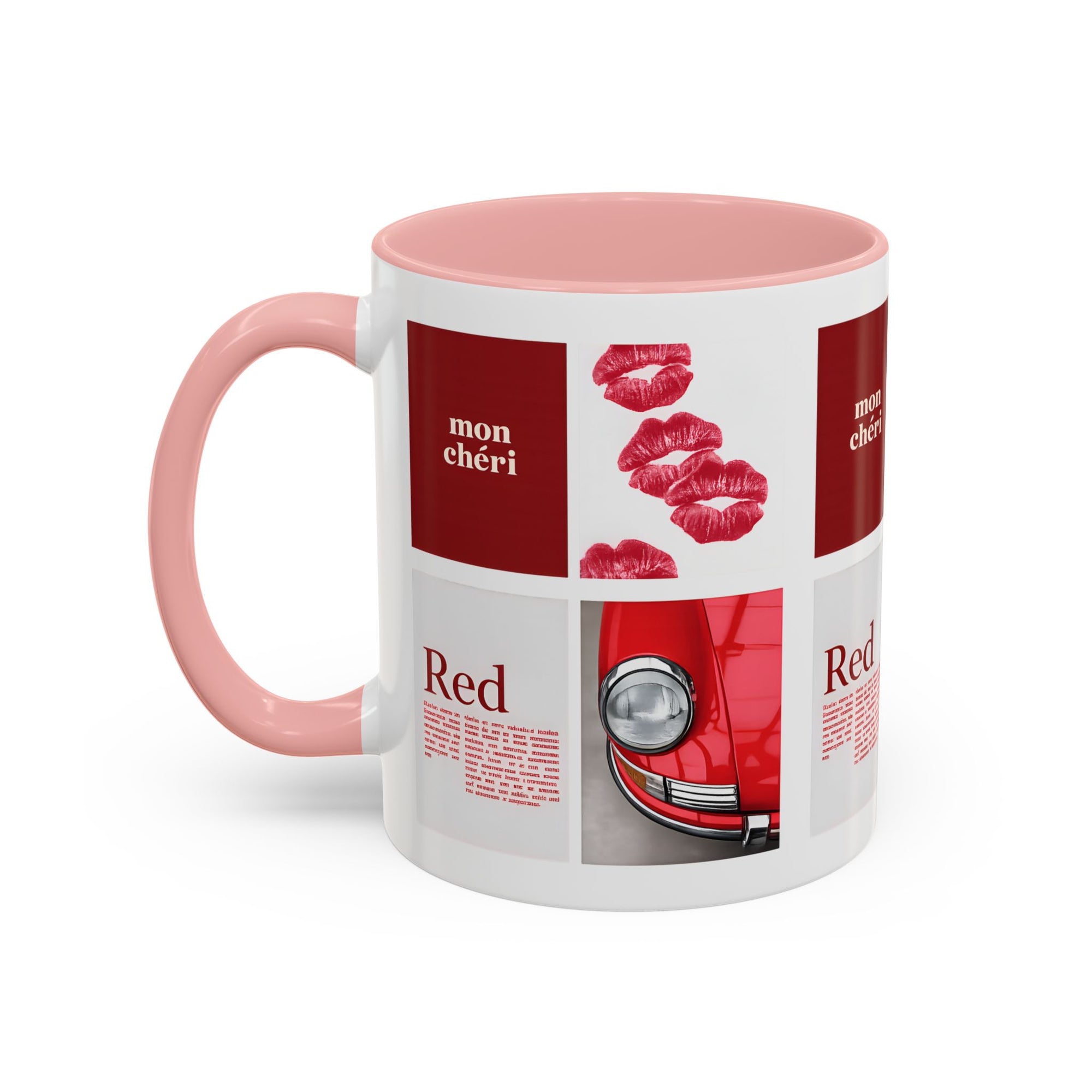 Red Mug | Vintage Car & Kiss Print Coffee Cup | Colorful Ceramic