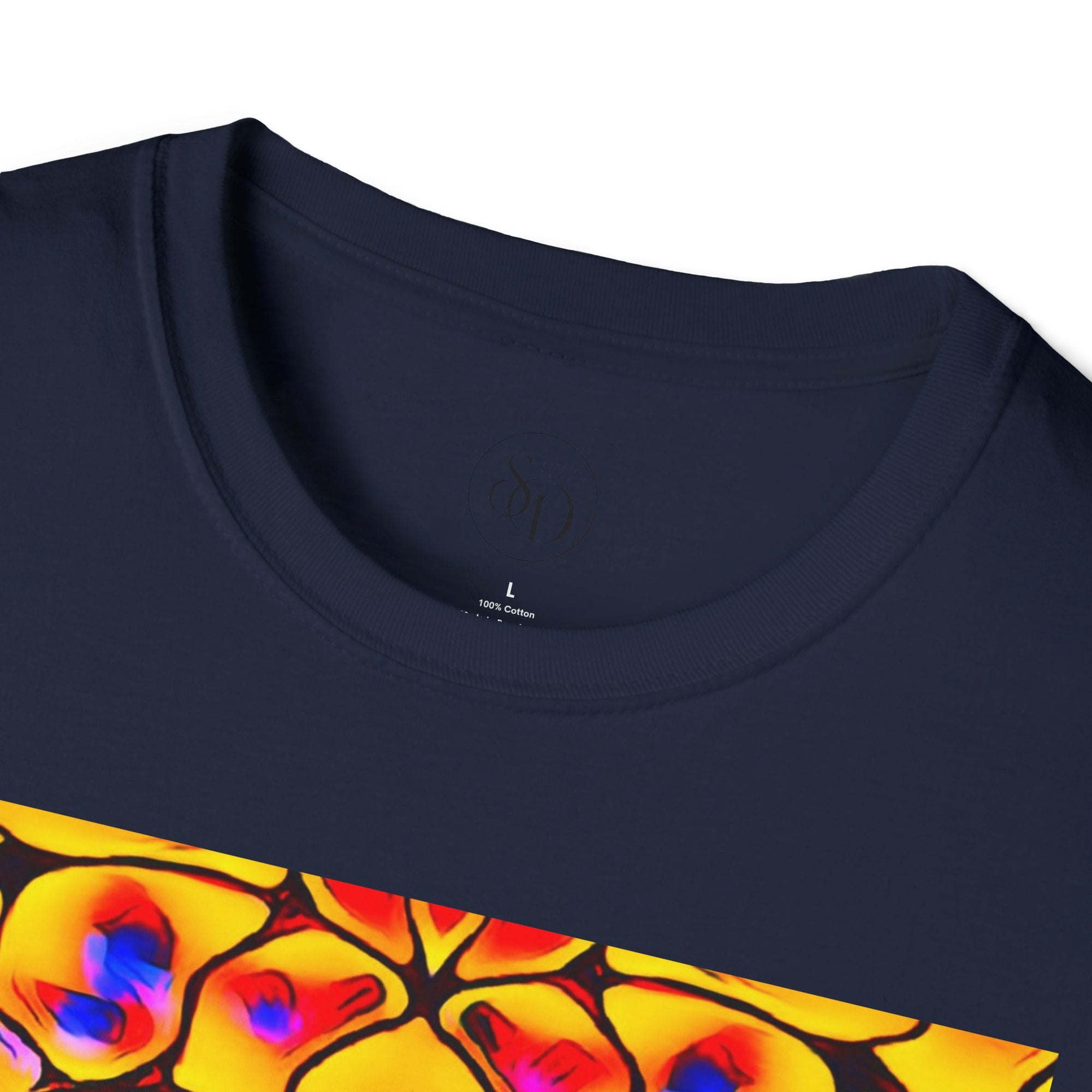 Energetic cotton t-shirt with vivid abstract design, radiates color, power, and inner fire