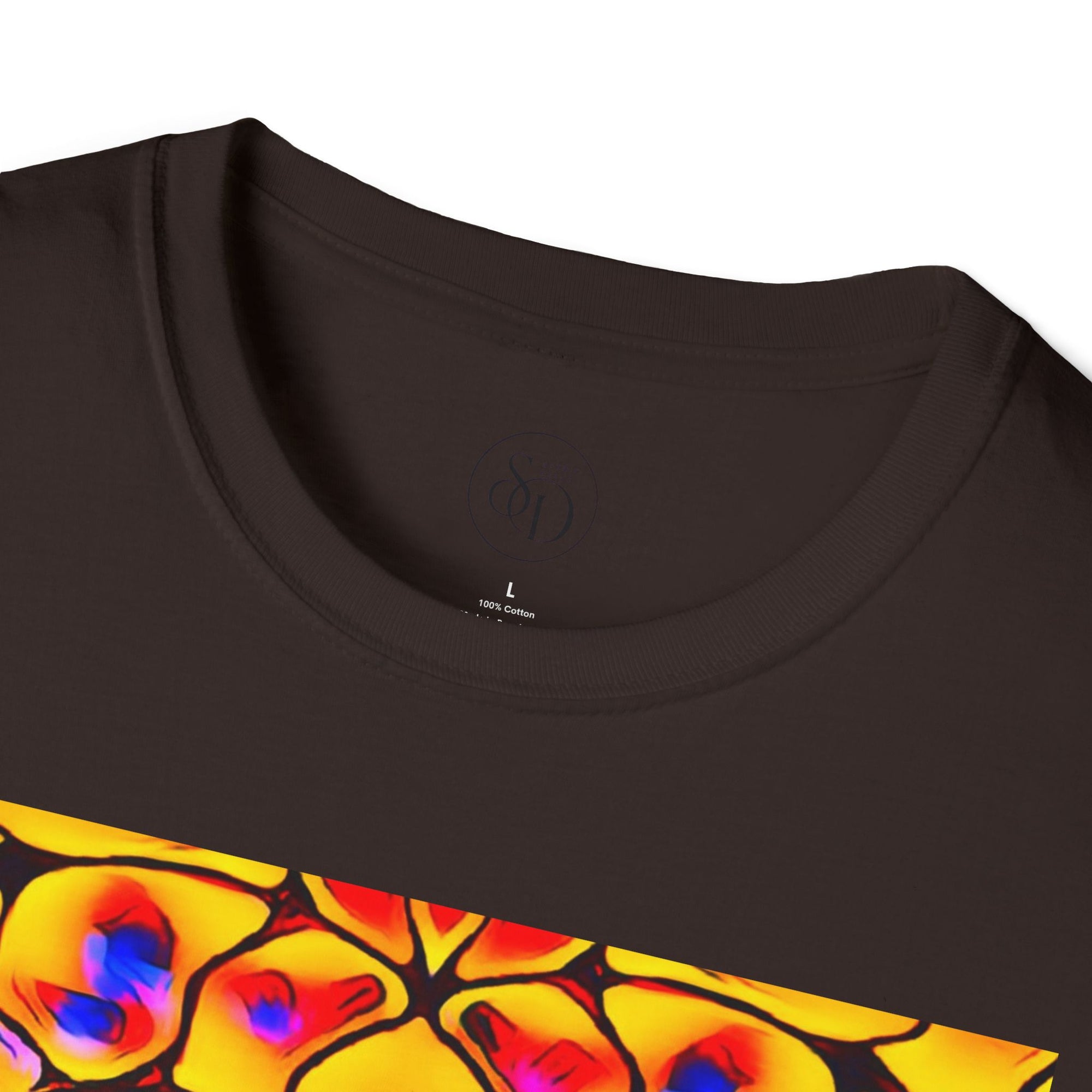 Energetic cotton t-shirt with vivid abstract design, radiates color, power, and inner fire