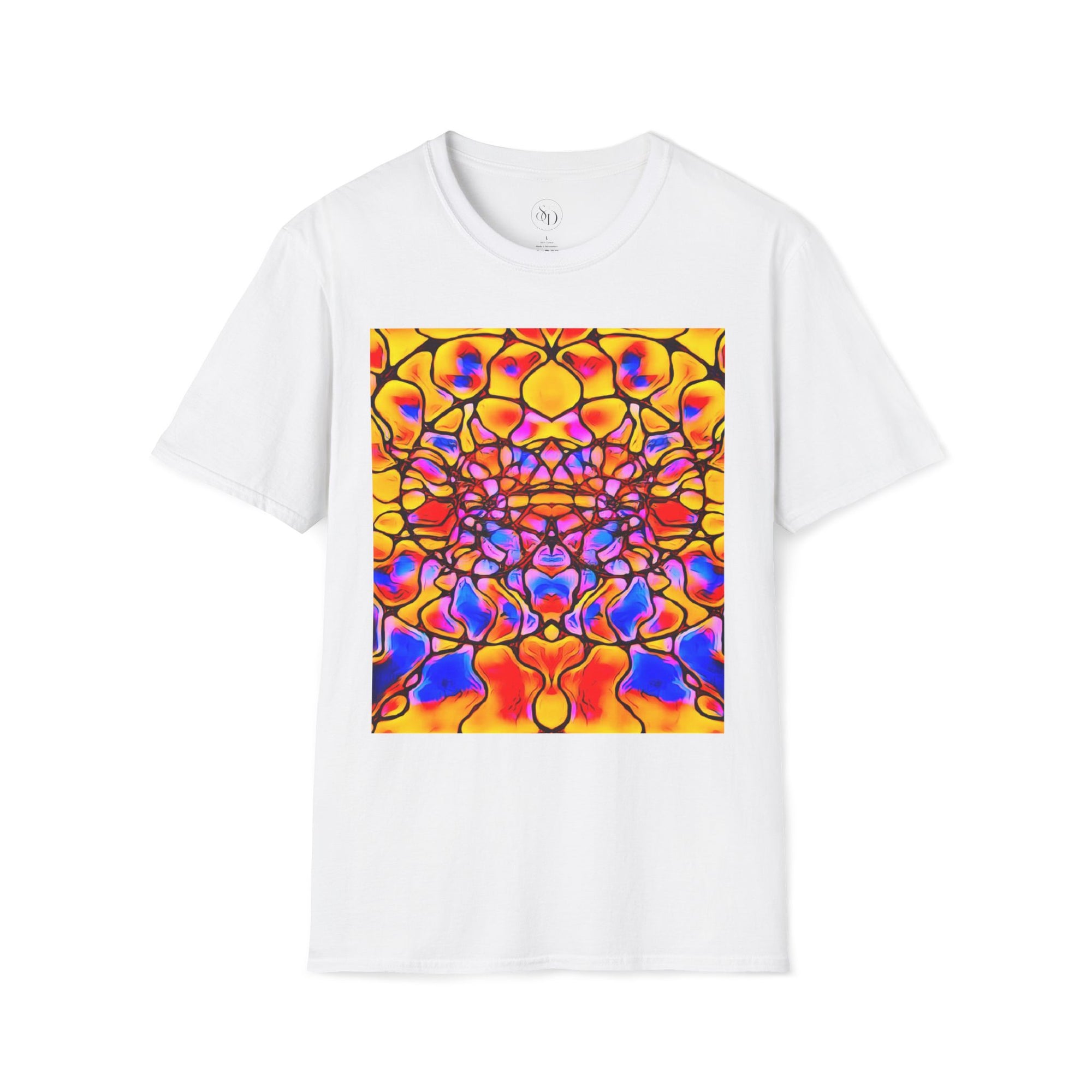 Energetic cotton t-shirt with vivid abstract design, radiates color, power, and inner fire
