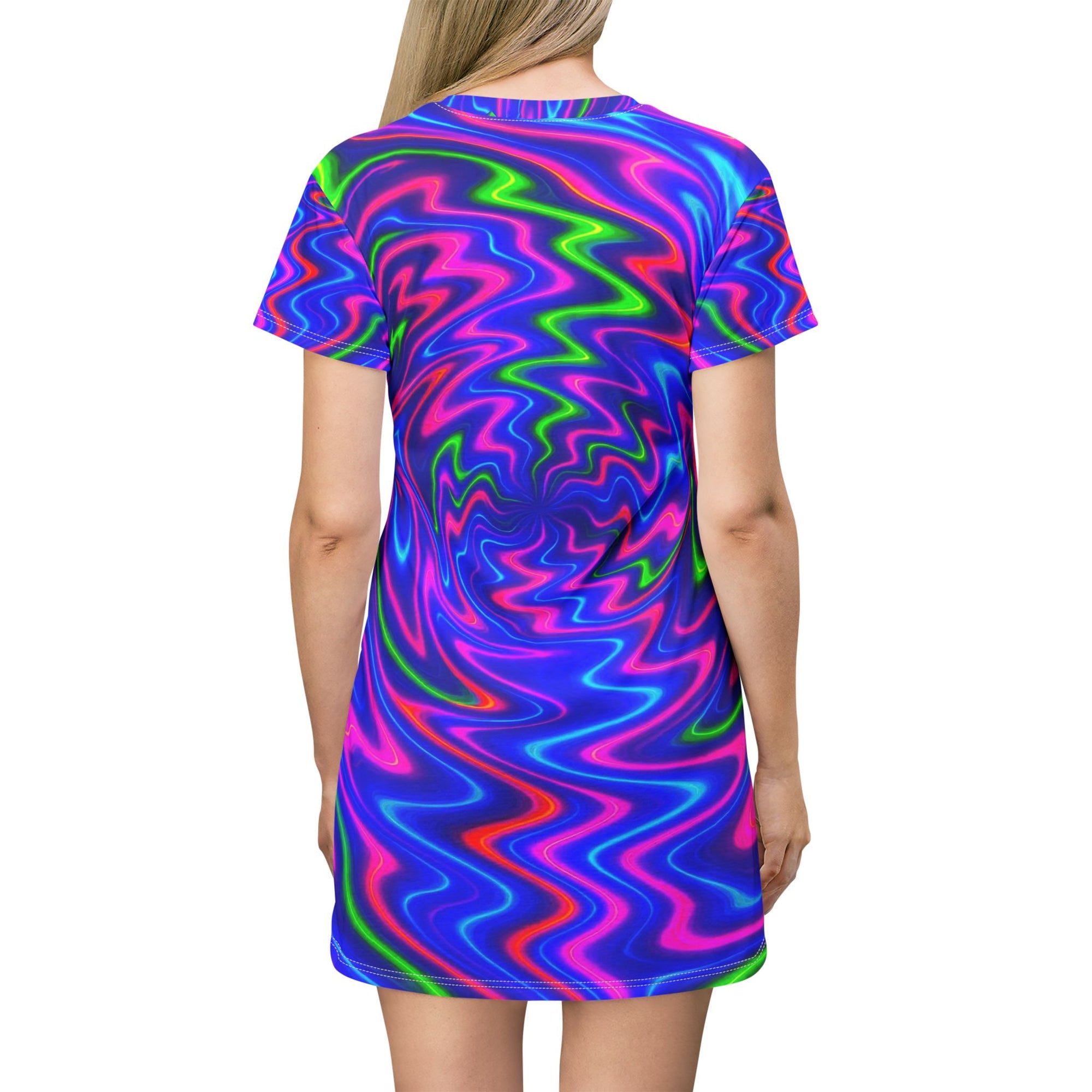 Swirl T-Shirt Dress, Colorful Summer Dress, Vibrant Abstract Spiral Tee Colorful Festival Party Top