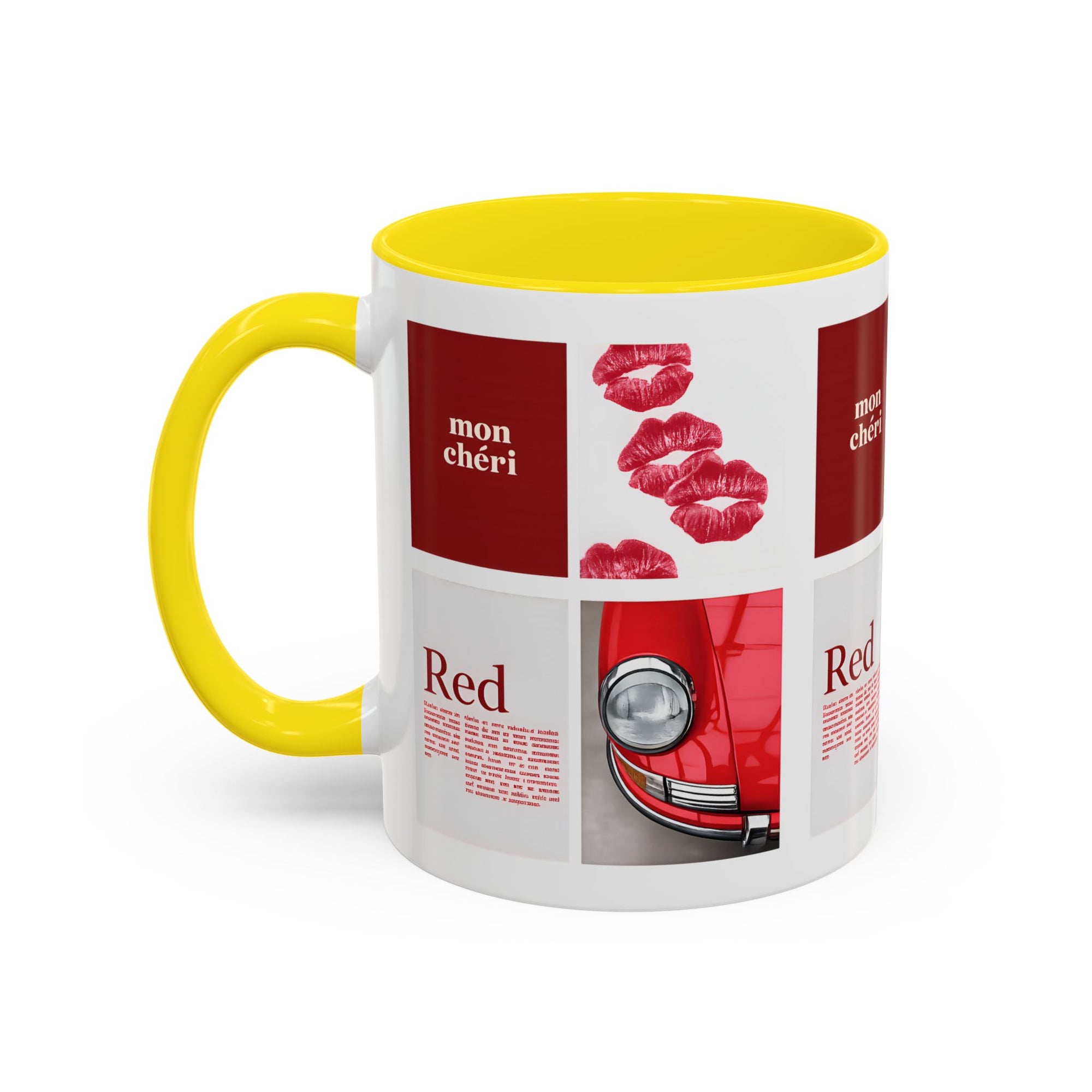 Red Mug | Vintage Car & Kiss Print Coffee Cup | Colorful Ceramic