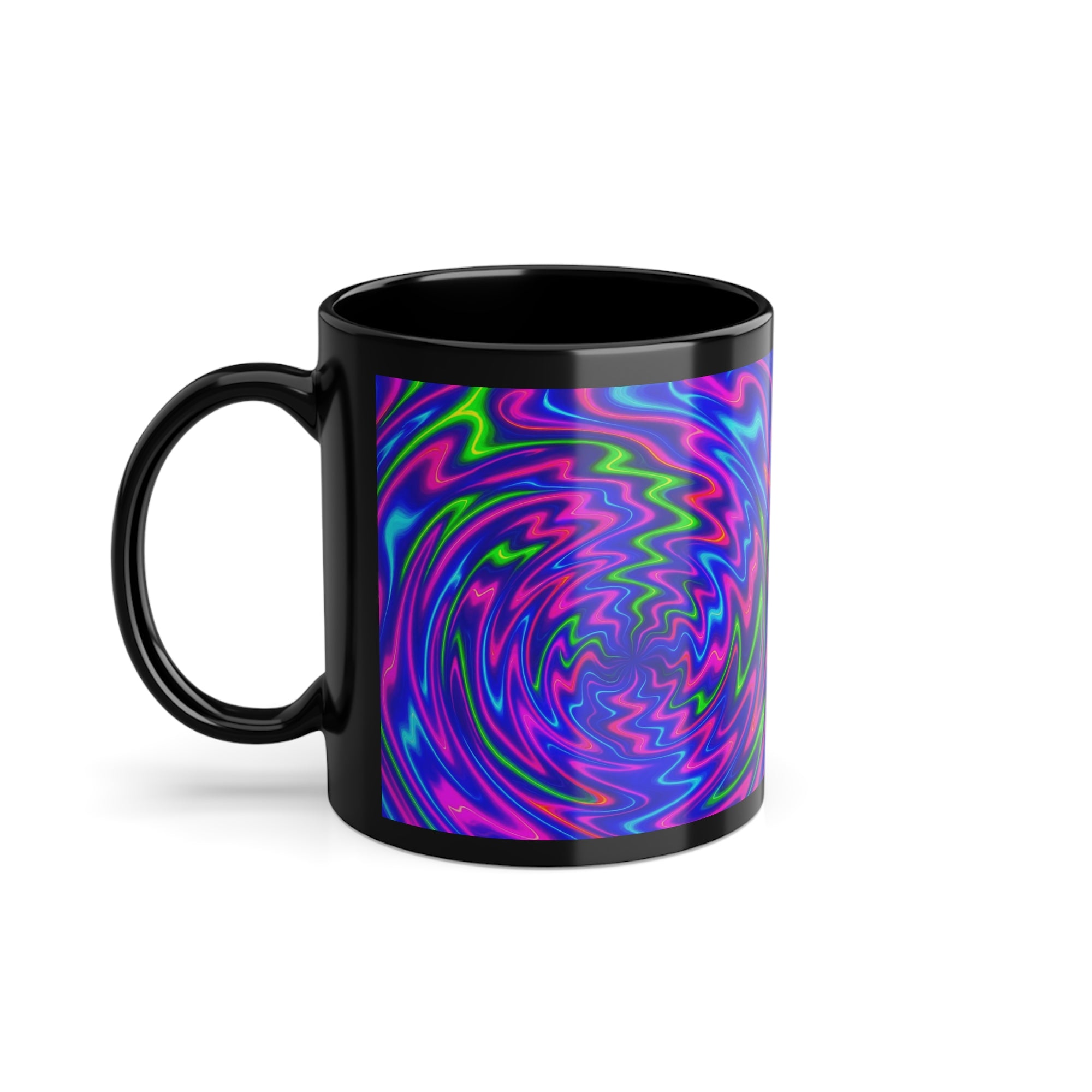 Psychedelic Swirl Coffee Mug | Vibrant Abstract Cup | Colorful Black Ceramic Drinkware Gift for Art Lovers & Creatives