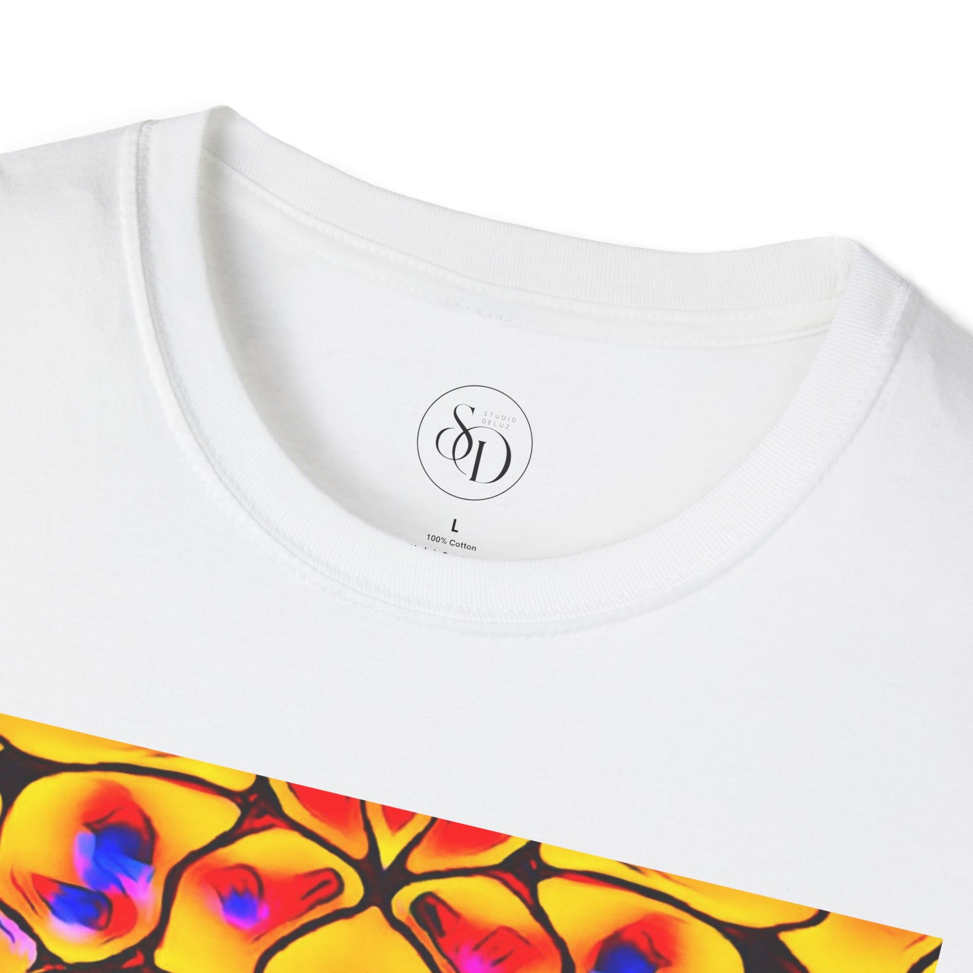 Energetic cotton t-shirt with vivid abstract design, radiates color, power, and inner fire