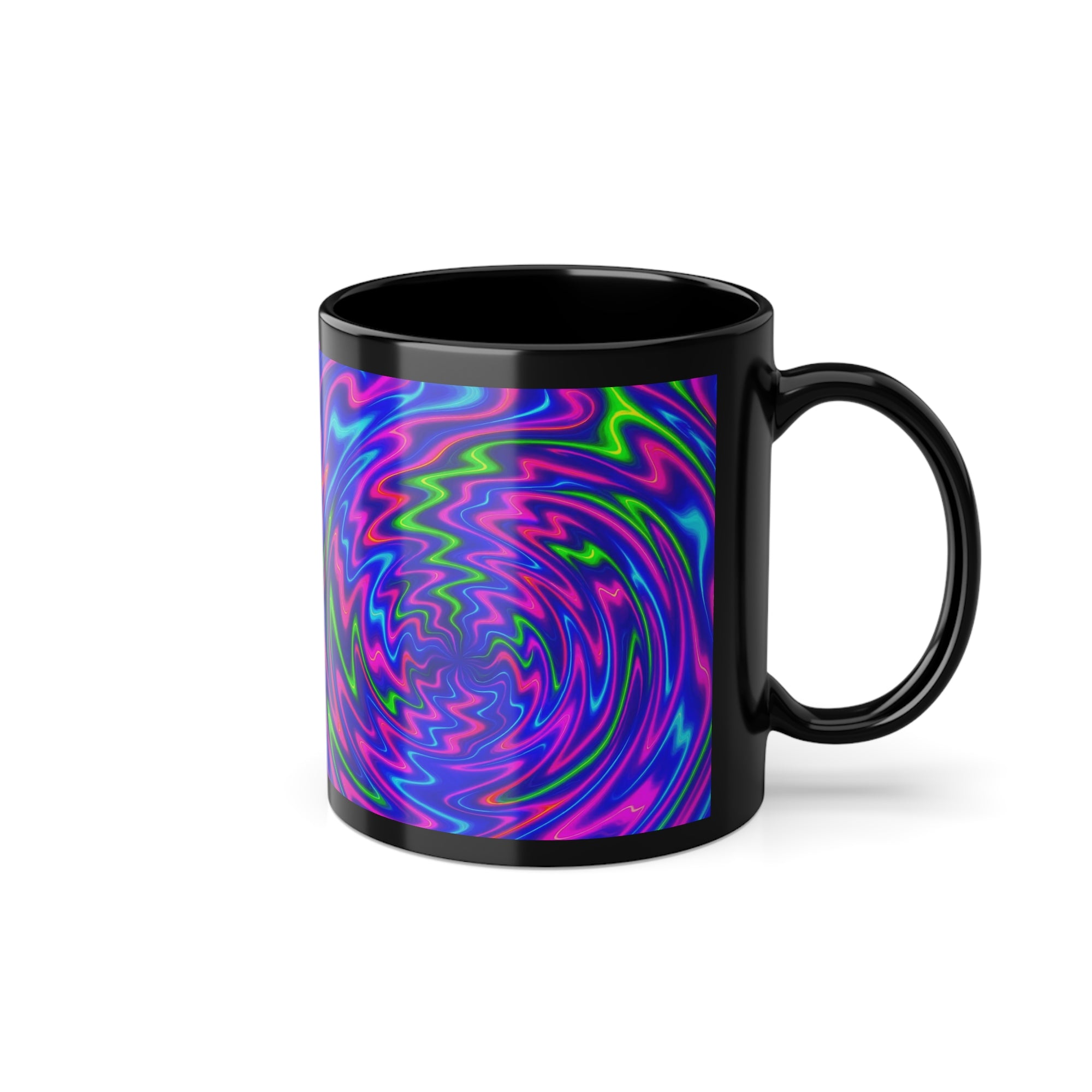 Psychedelic Swirl Coffee Mug | Vibrant Abstract Cup | Colorful Black Ceramic Drinkware Gift for Art Lovers & Creatives