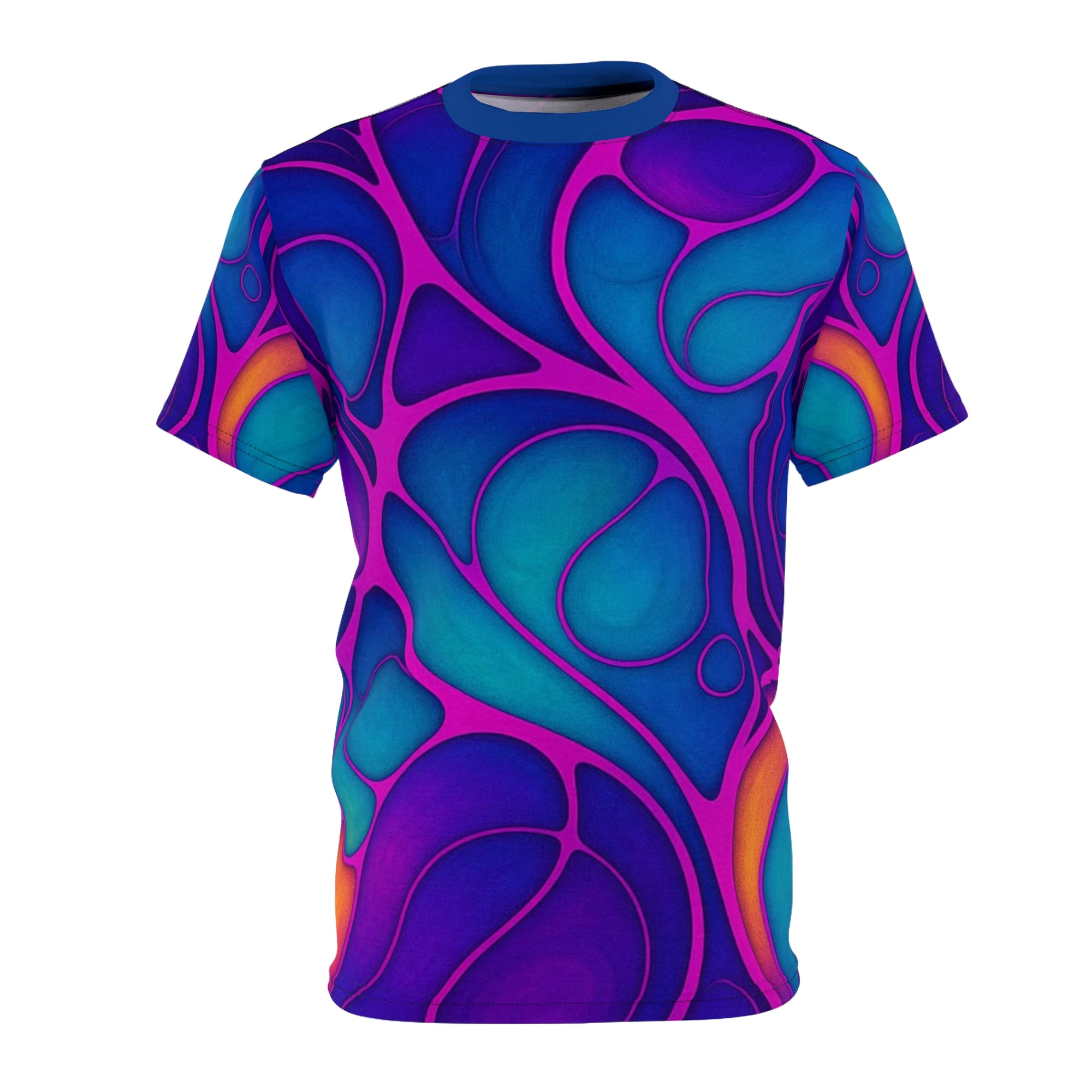 Cosmic Cell Abstract Unisex Tee | Vibrant Turquoise & Purple All-Over Print Shirt