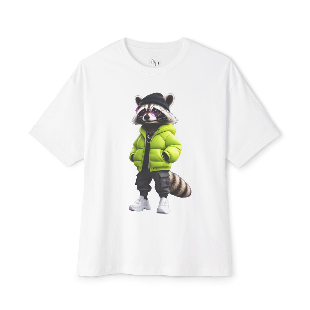 Raccoon Streetwear Tee — Green Puffer Jacket Graphic Oversized T-Shirt