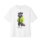 Raccoon Streetwear Tee — Green Puffer Jacket Graphic Oversized T-Shirt