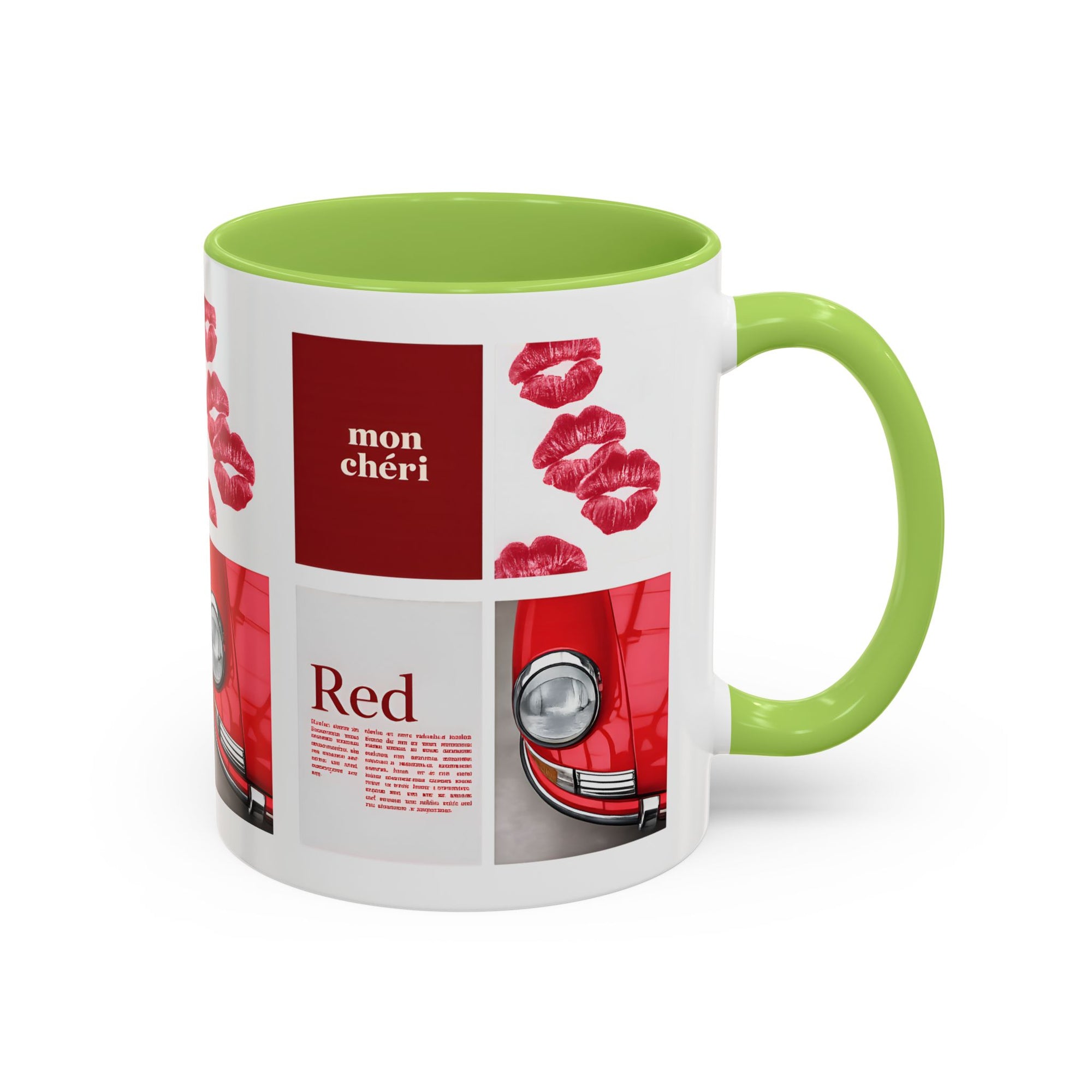 Red Mug | Vintage Car & Kiss Print Coffee Cup | Colorful Ceramic