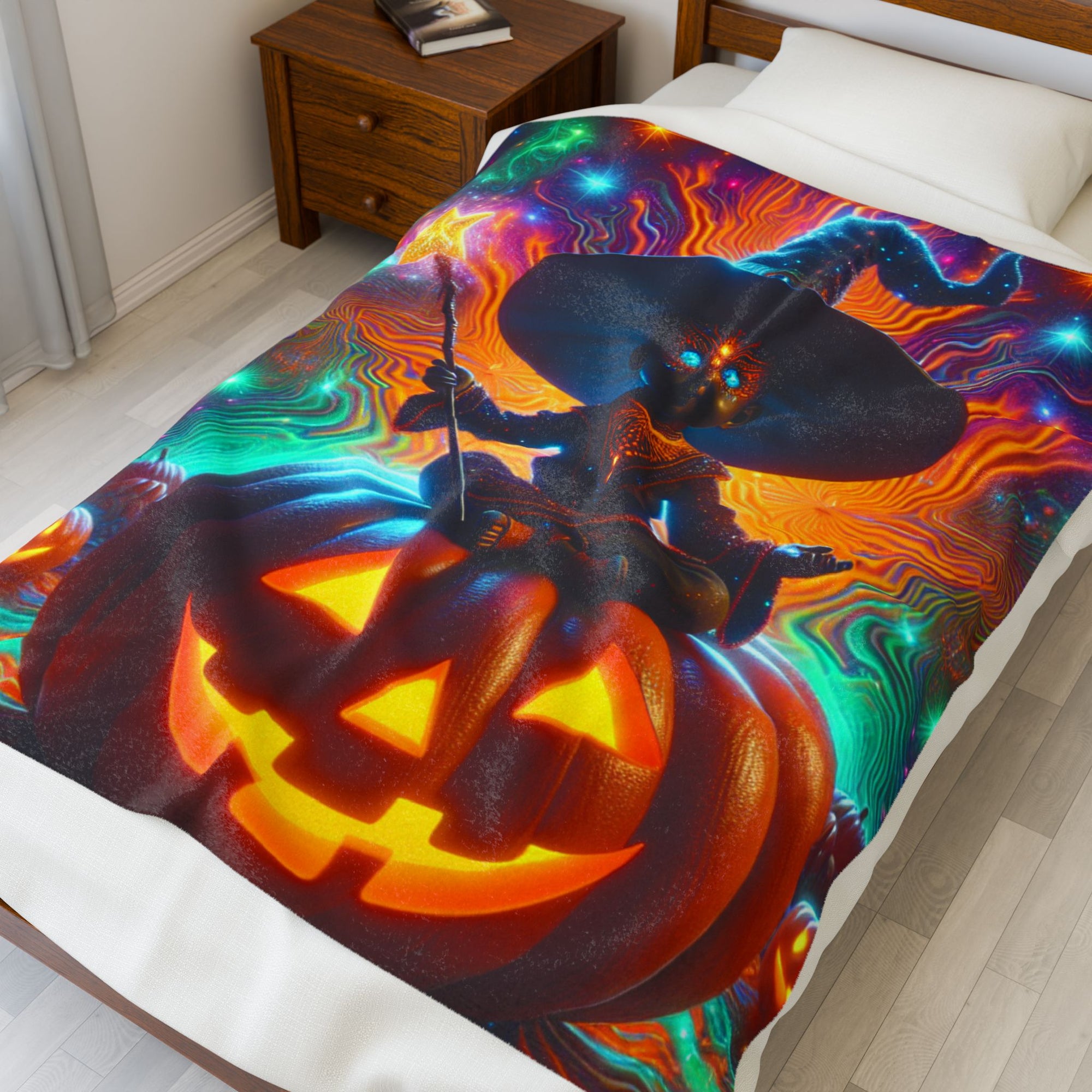 Halloween Witch Blanket, Spooky Pumpkin Throw, Cozy Fall Bedding, Vibrant Halloween Decor, Witchy Home Gift, Soft Fleece Blanket