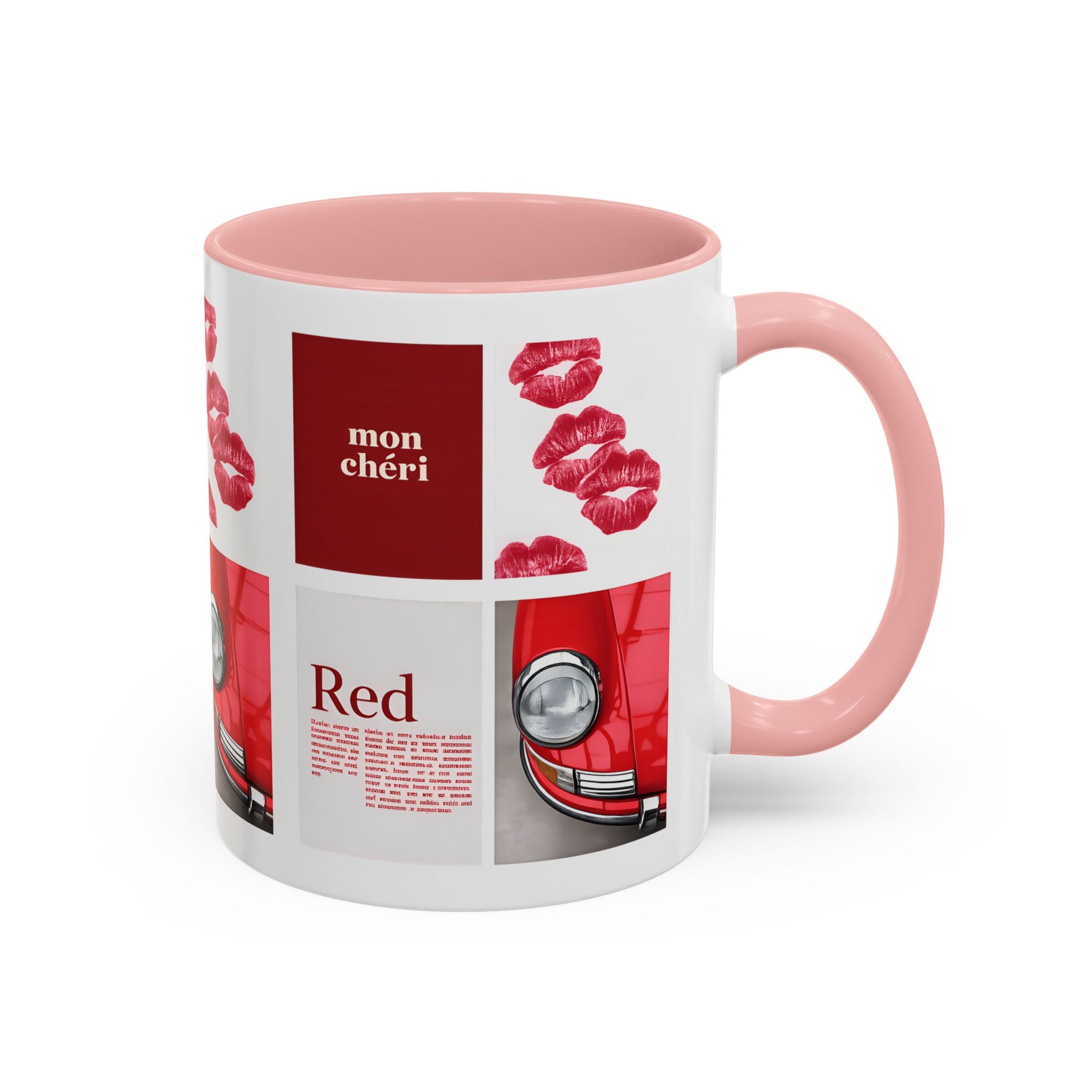 Red Mug | Vintage Car & Kiss Print Coffee Cup | Colorful Ceramic