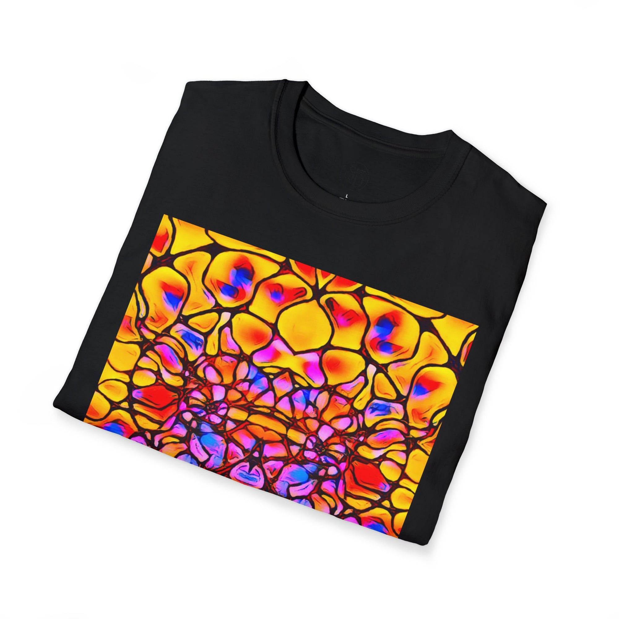 Energetic cotton t-shirt with vivid abstract design, radiates color, power, and inner fire