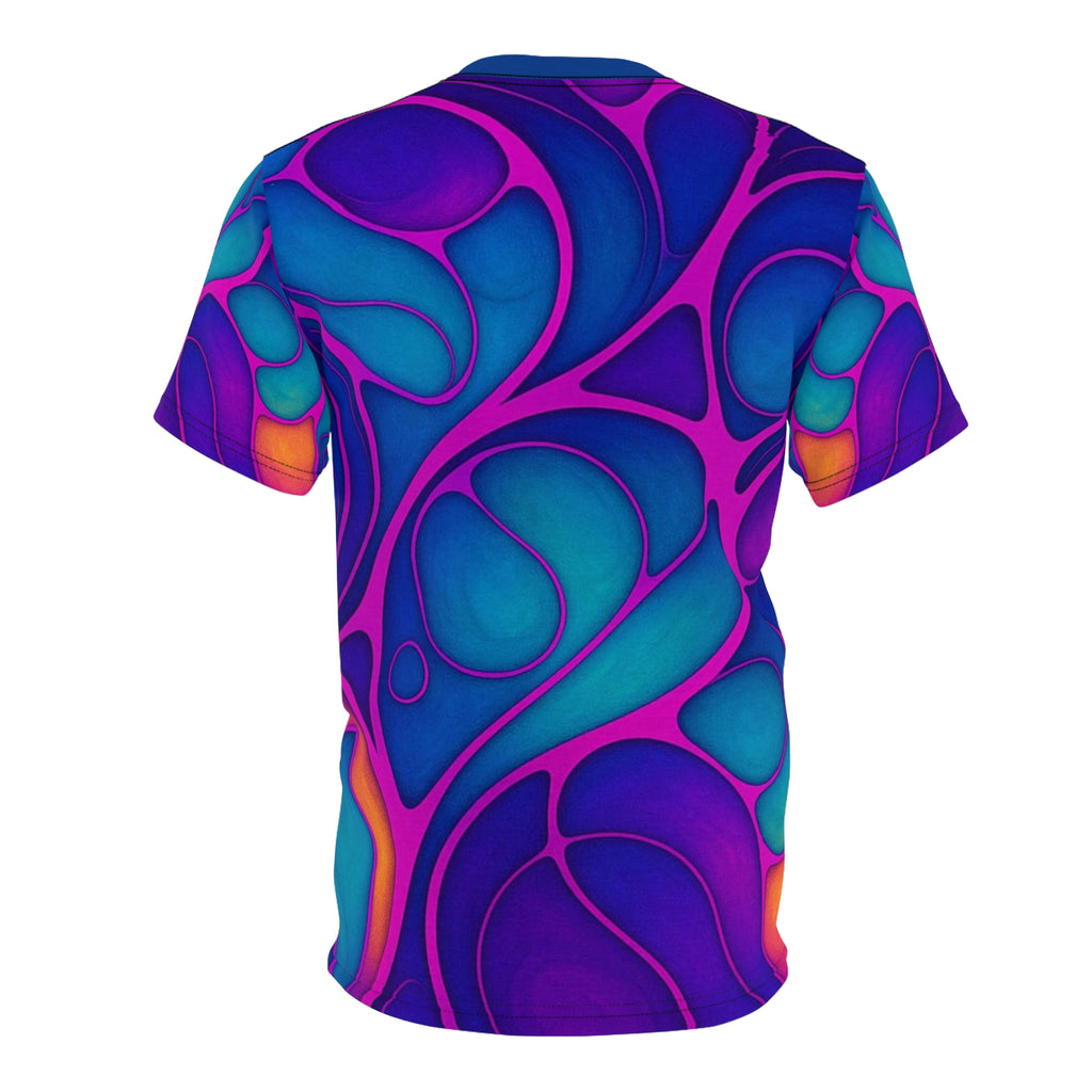 Cosmic Cell Abstract Unisex Tee | Vibrant Turquoise & Purple All-Over Print Shirt