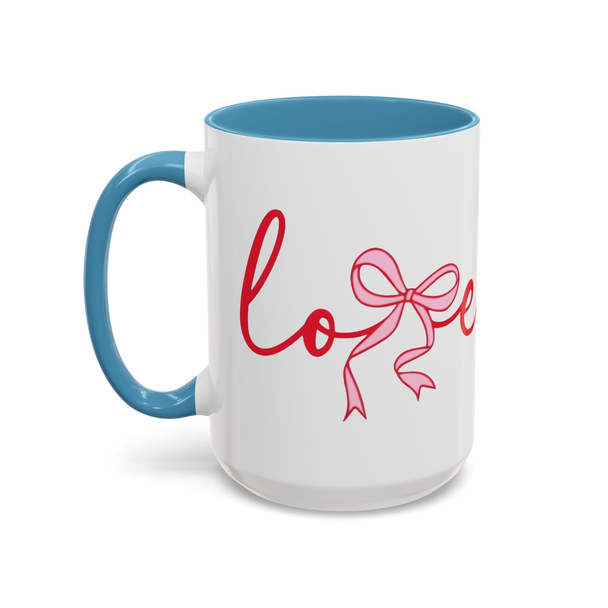 Romantic Love Mug | White Ceramic Coffee Cup with Red Bow Design, Colored Handle
