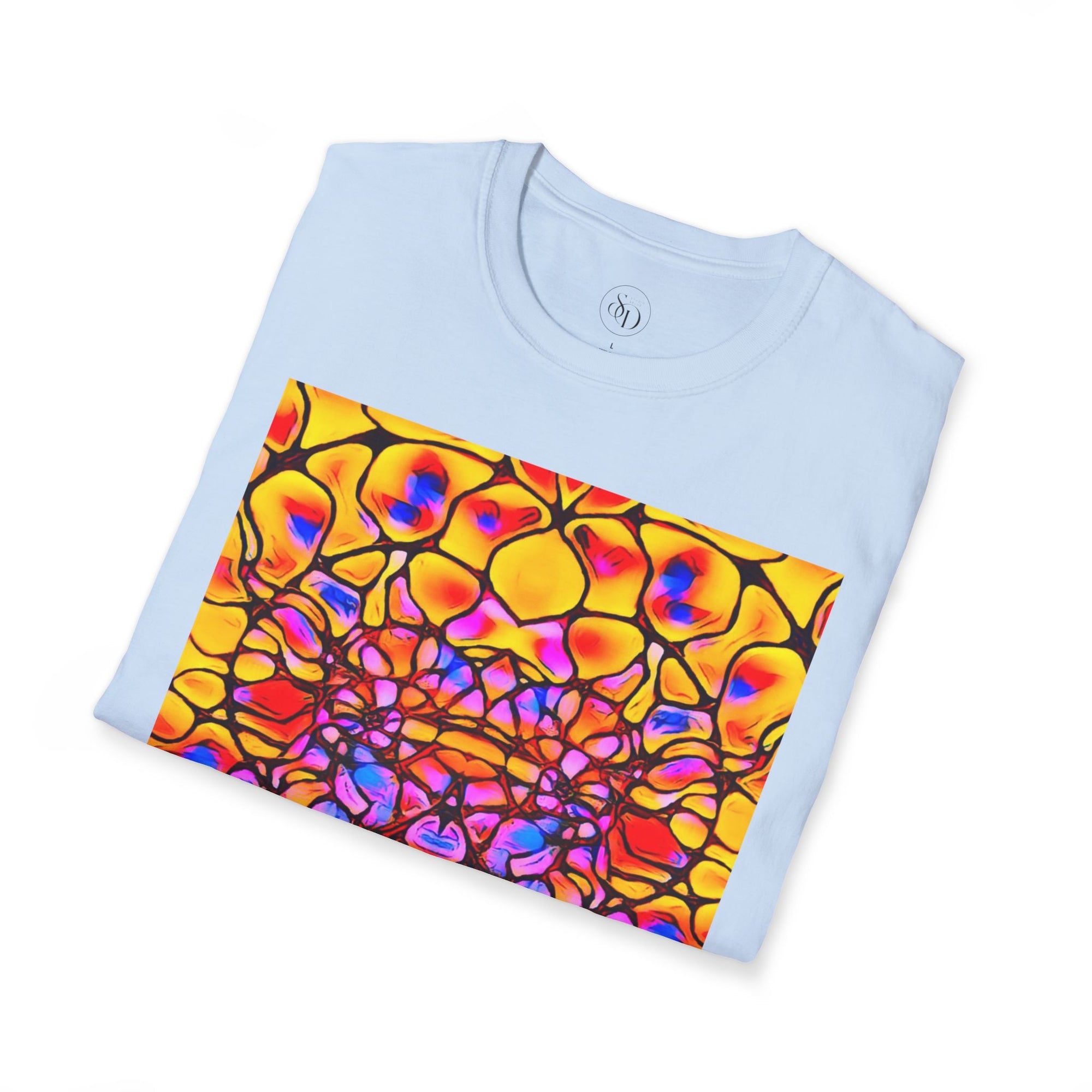 Energetic cotton t-shirt with vivid abstract design, radiates color, power, and inner fire