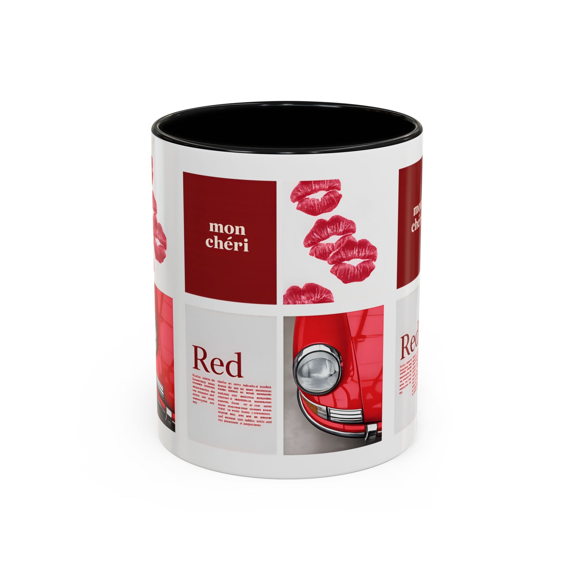 Red Mug | Vintage Car & Kiss Print Coffee Cup | Colorful Ceramic