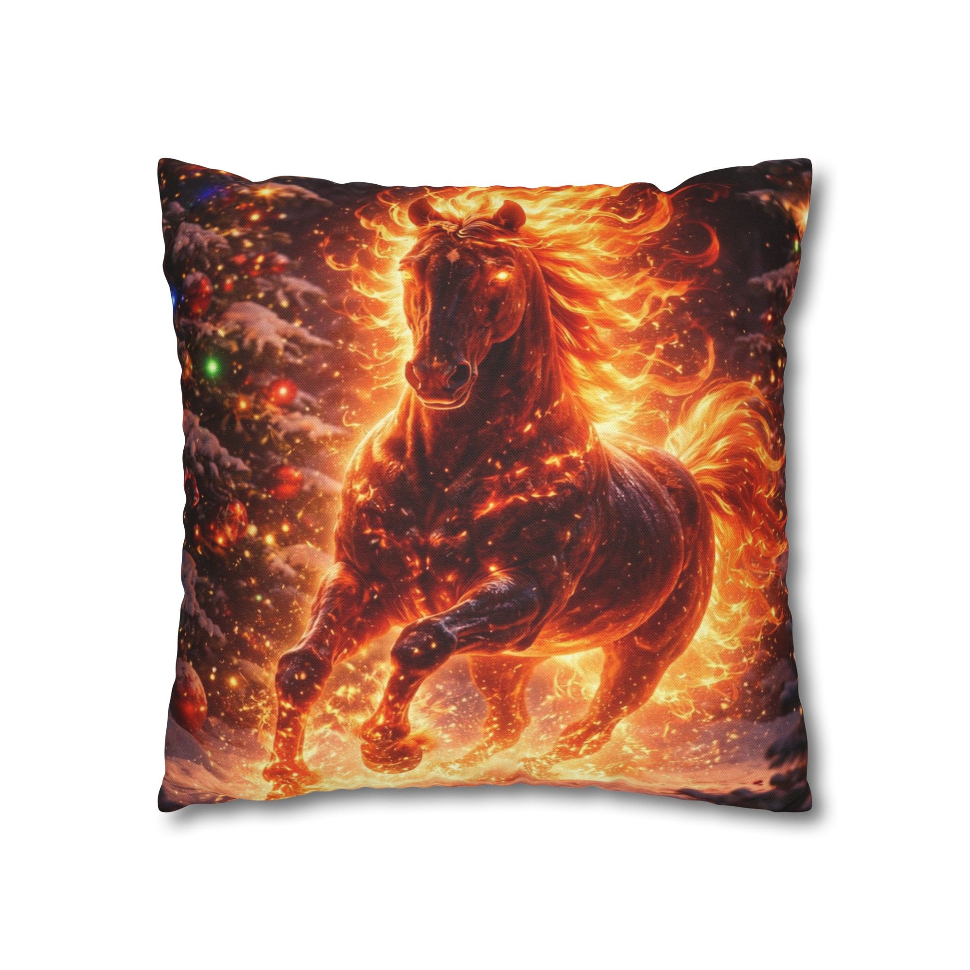 Fiery Winter Steed Decorative Pillow | Enchanted Christmas Horse Cushion | Cozy Home Decor