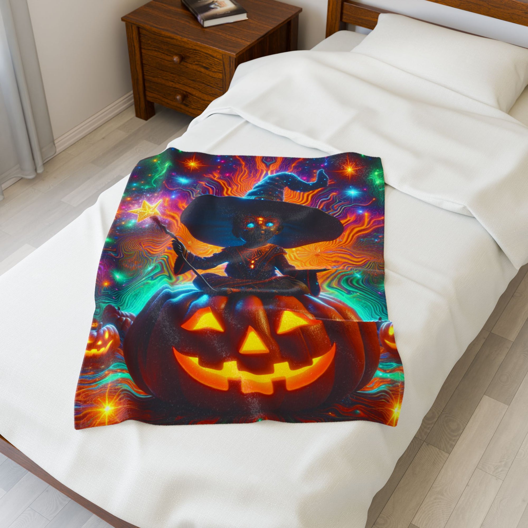 Halloween Witch Blanket, Spooky Pumpkin Throw, Cozy Fall Bedding, Vibrant Halloween Decor, Witchy Home Gift, Soft Fleece Blanket