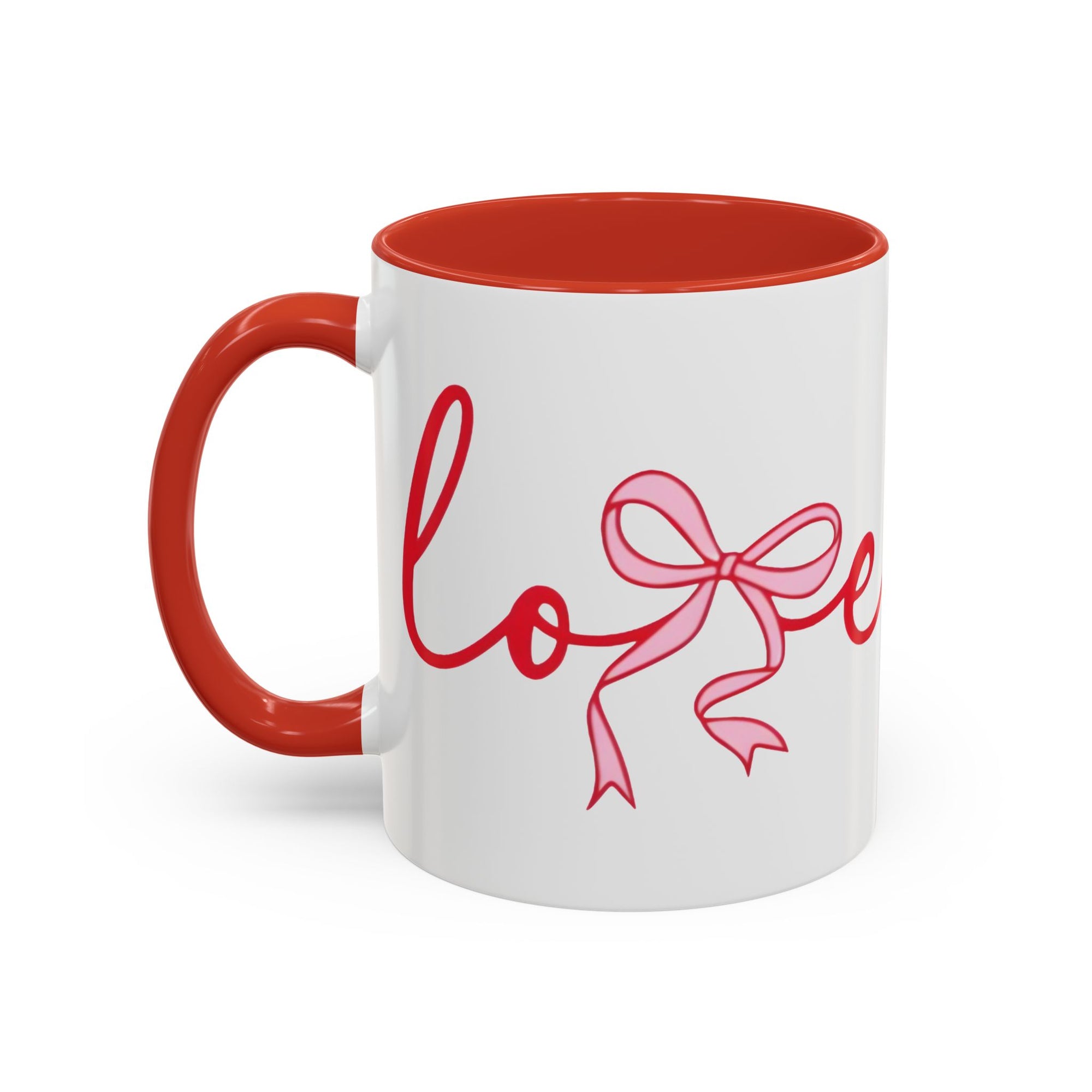 Romantic Love Mug | White Ceramic Coffee Cup with Red Bow Design, Colored Handle
