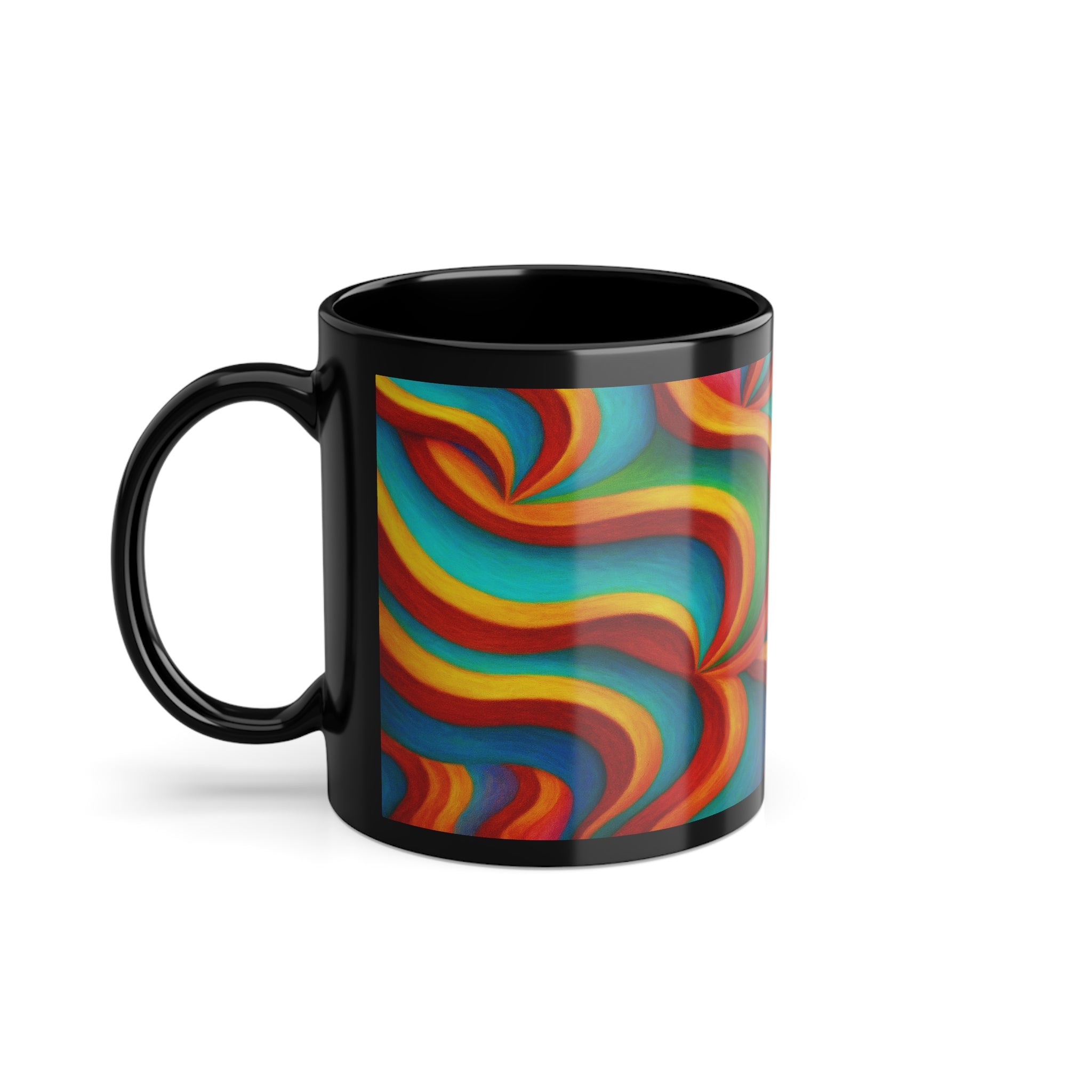 Retro Color Swirl Coffee Mug | Vibrant Abstract Black Ceramic Cup | Artistic Rainbow Drinkware Gift for Creatives