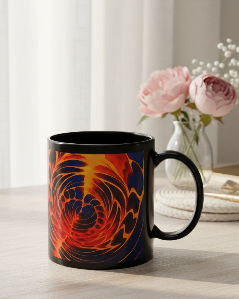Fire Swirl Mug | Psychedelic Black Coffee Cup | Retro Art Gift