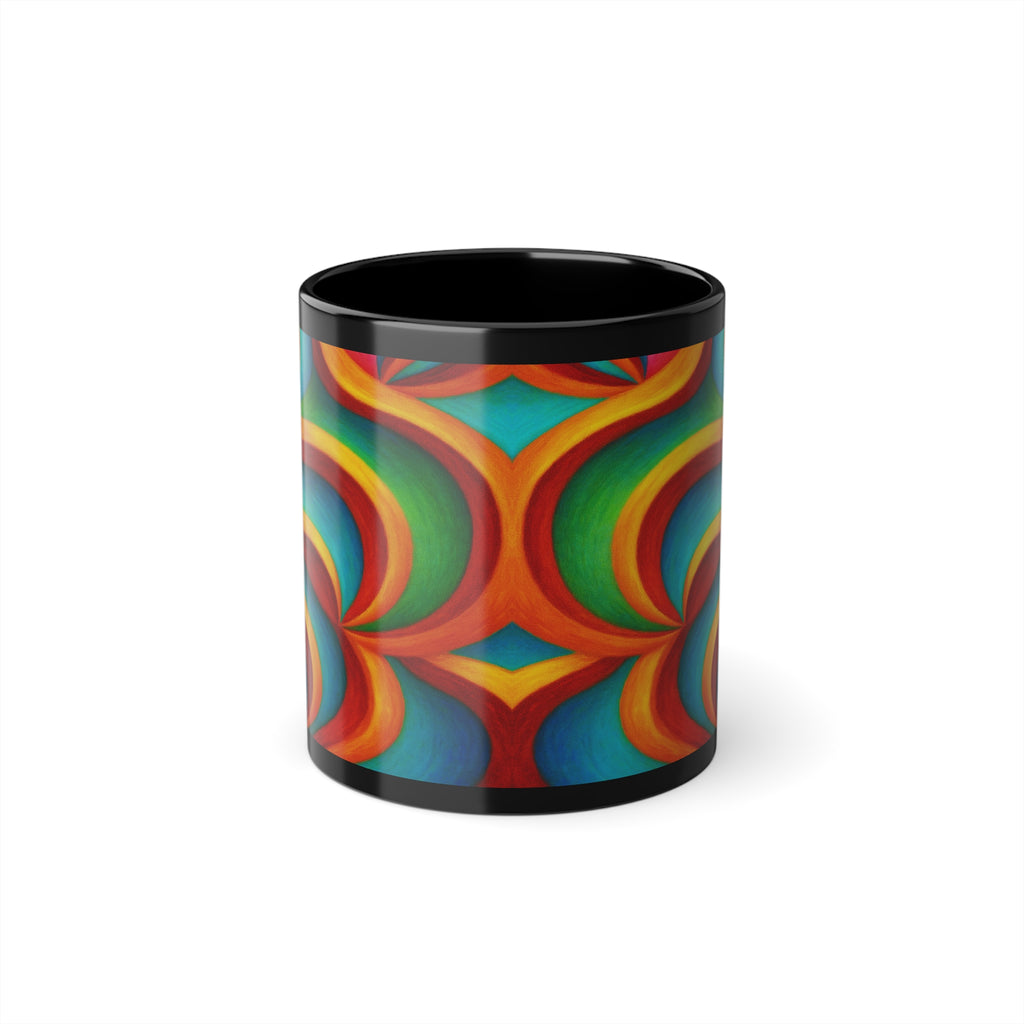 Retro Color Swirl Coffee Mug | Vibrant Abstract Black Ceramic Cup | Artistic Rainbow Drinkware Gift for Creatives
