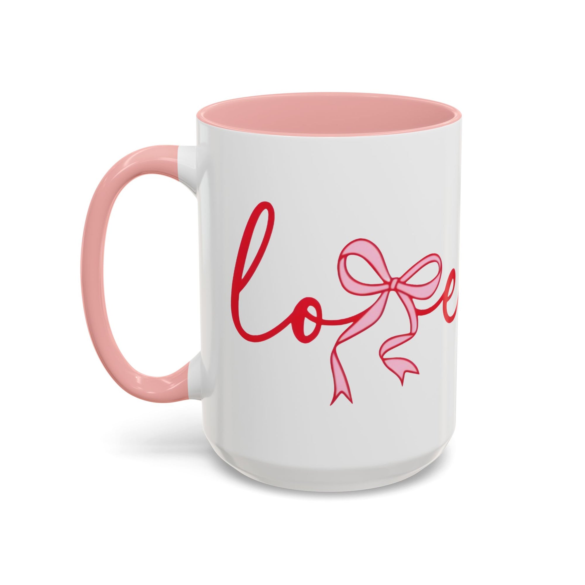 Romantic Love Mug | White Ceramic Coffee Cup with Red Bow Design, Colored Handle
