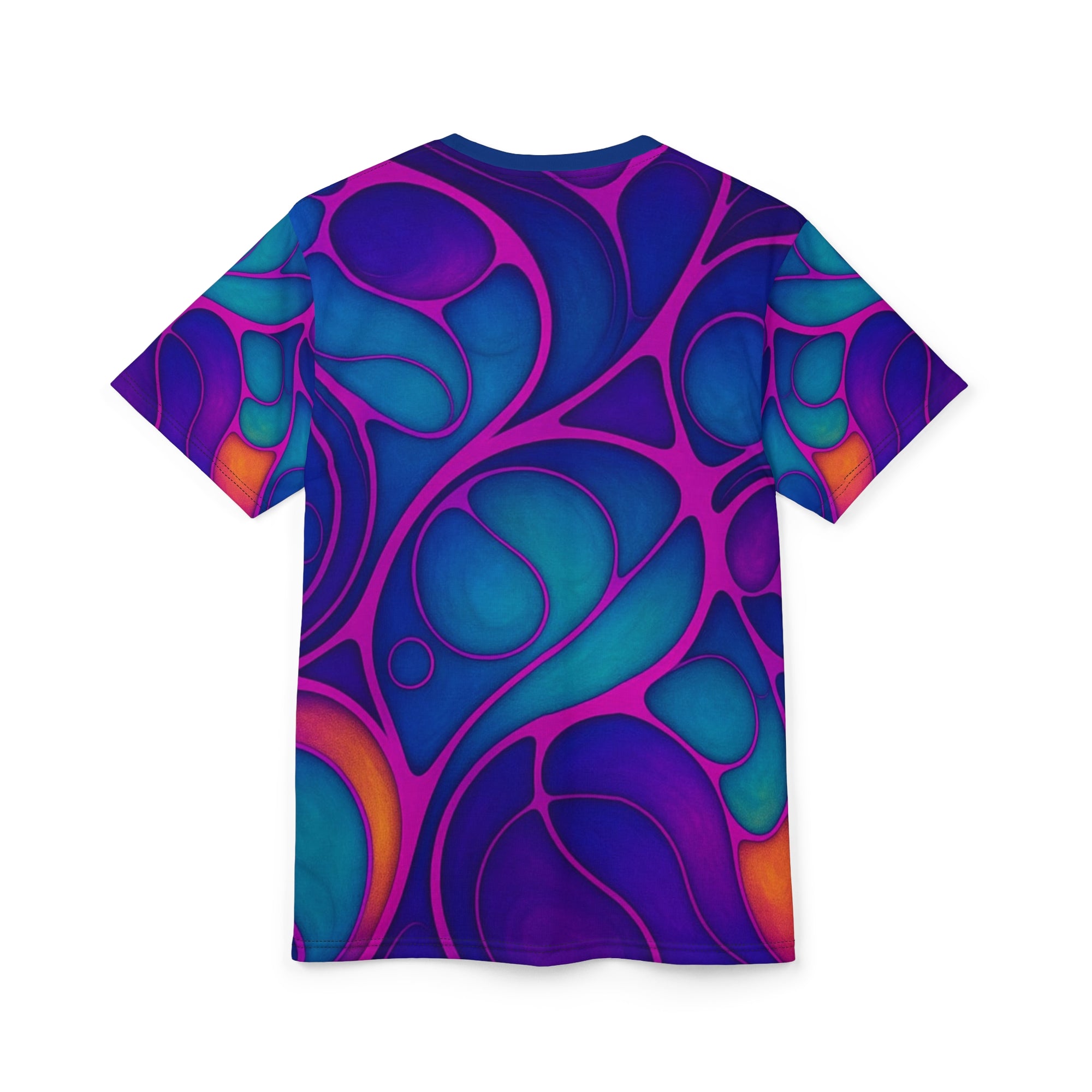Cosmic Cell Abstract Unisex Tee | Vibrant Turquoise & Purple All-Over Print Shirt