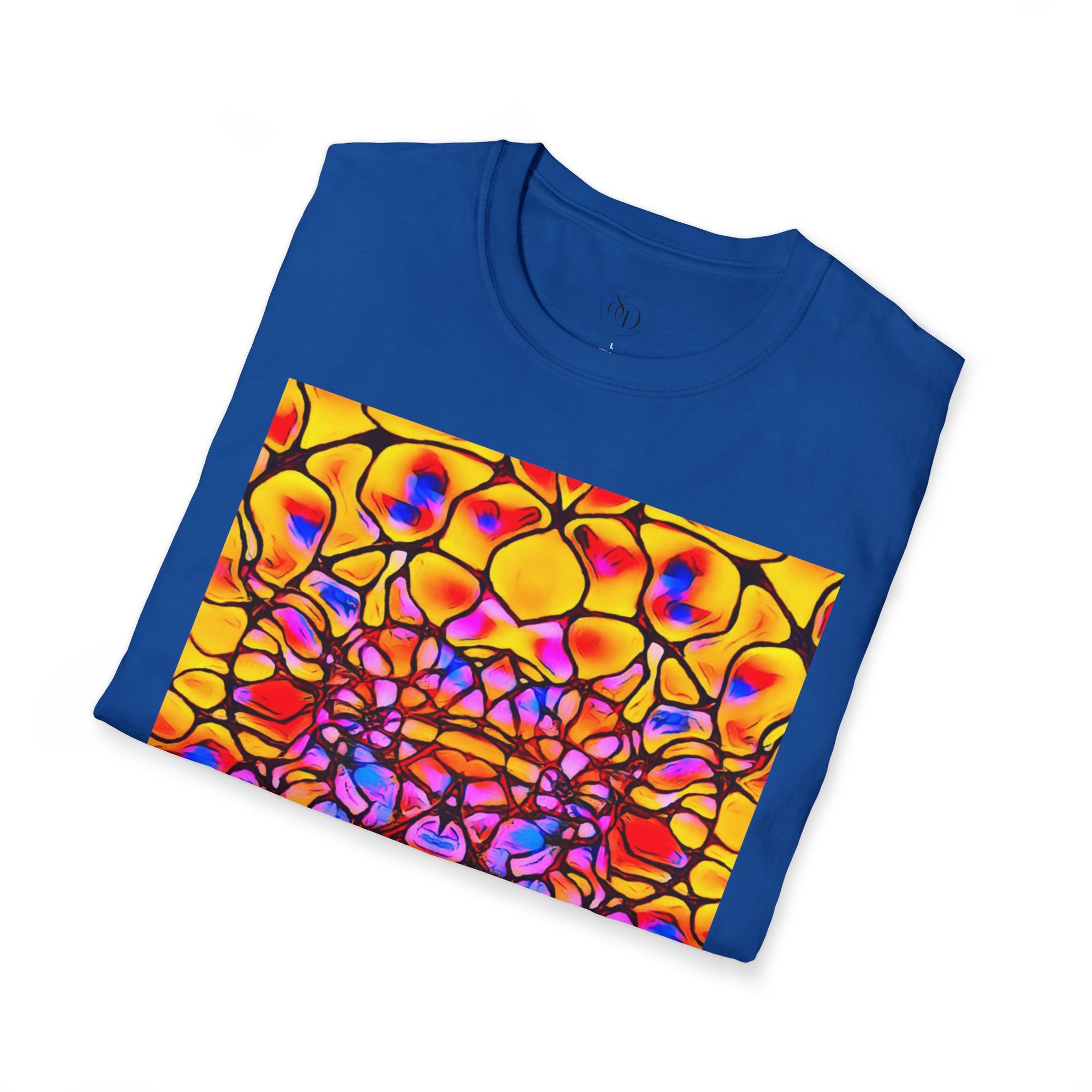 Energetic cotton t-shirt with vivid abstract design, radiates color, power, and inner fire