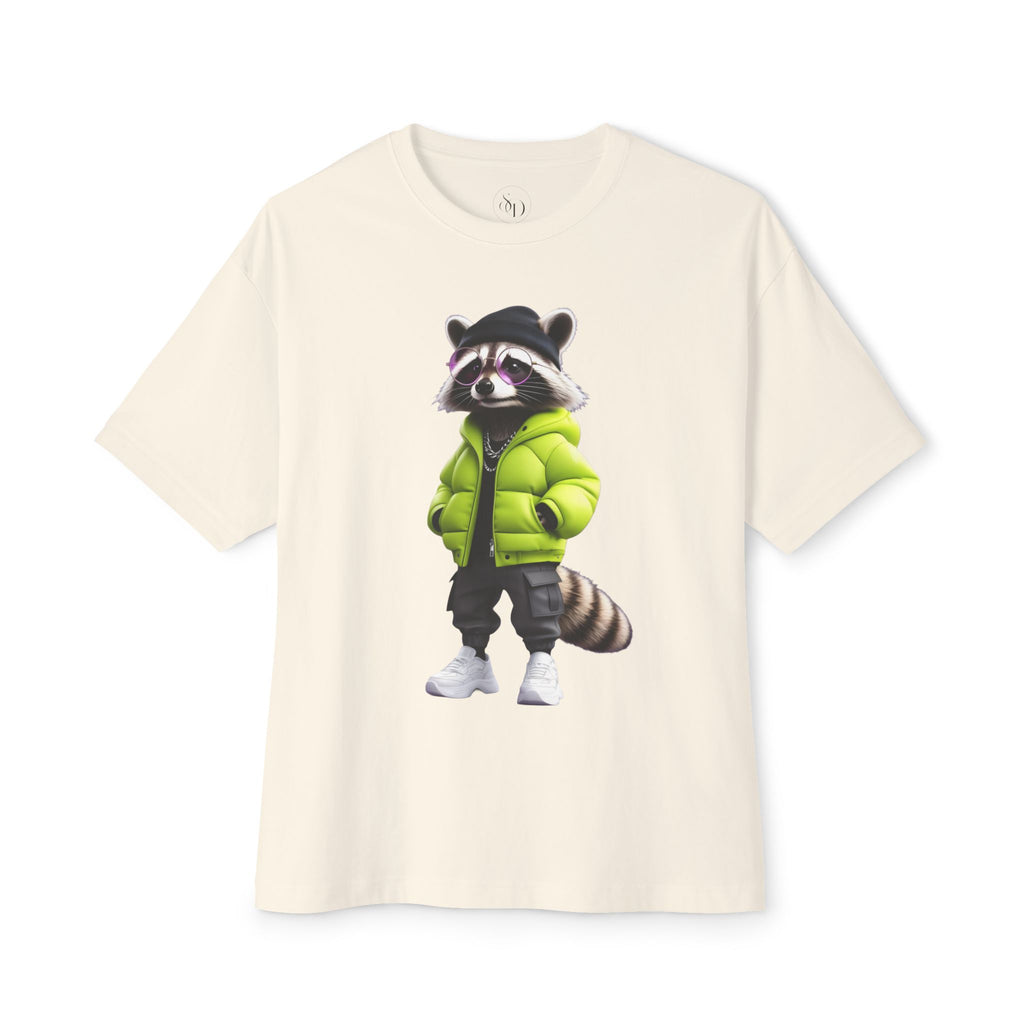 Raccoon Streetwear Tee — Green Puffer Jacket Graphic Oversized T-Shirt