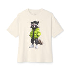 Raccoon Streetwear Tee — Green Puffer Jacket Graphic Oversized T-Shirt