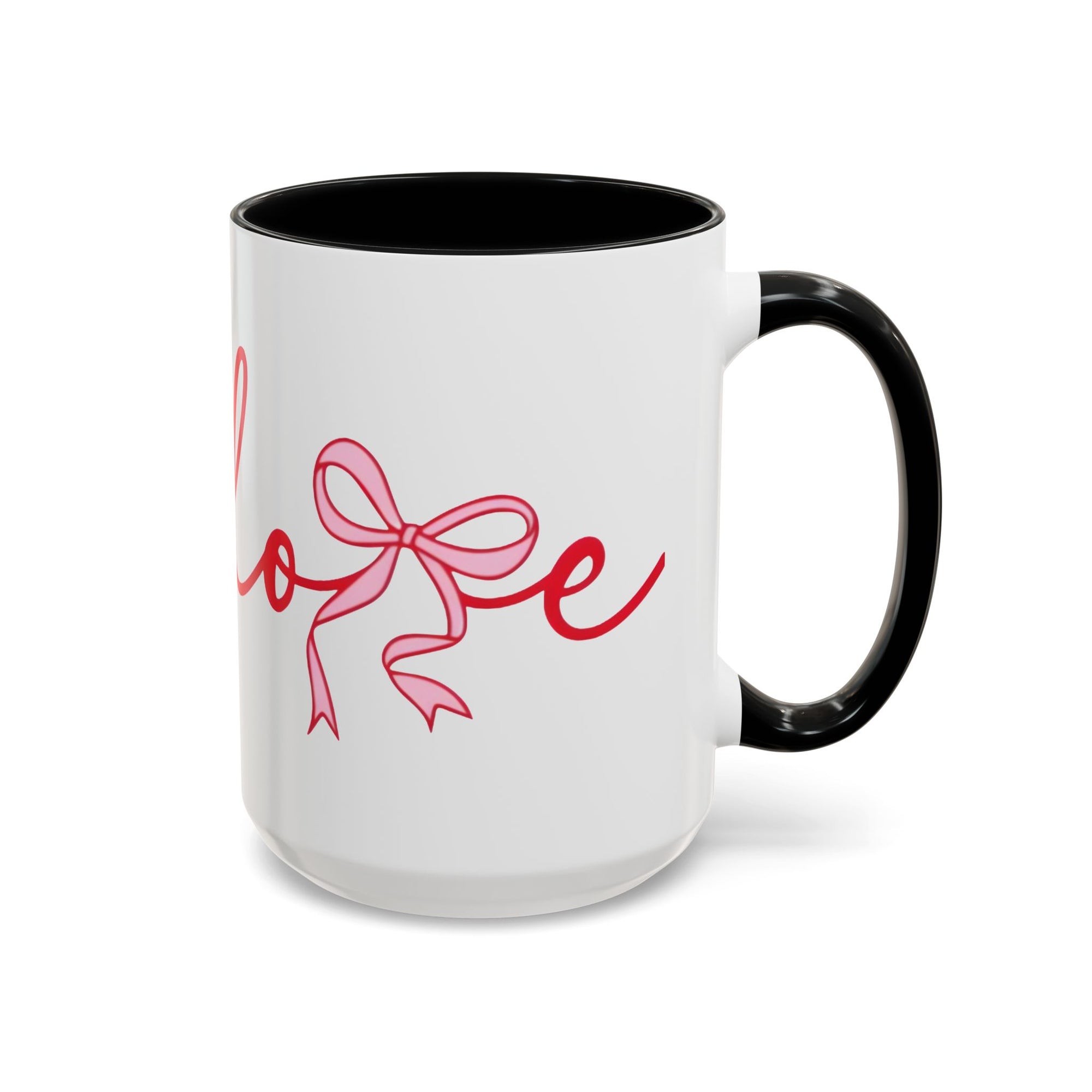 Romantic Love Mug | White Ceramic Coffee Cup with Red Bow Design, Colored Handle