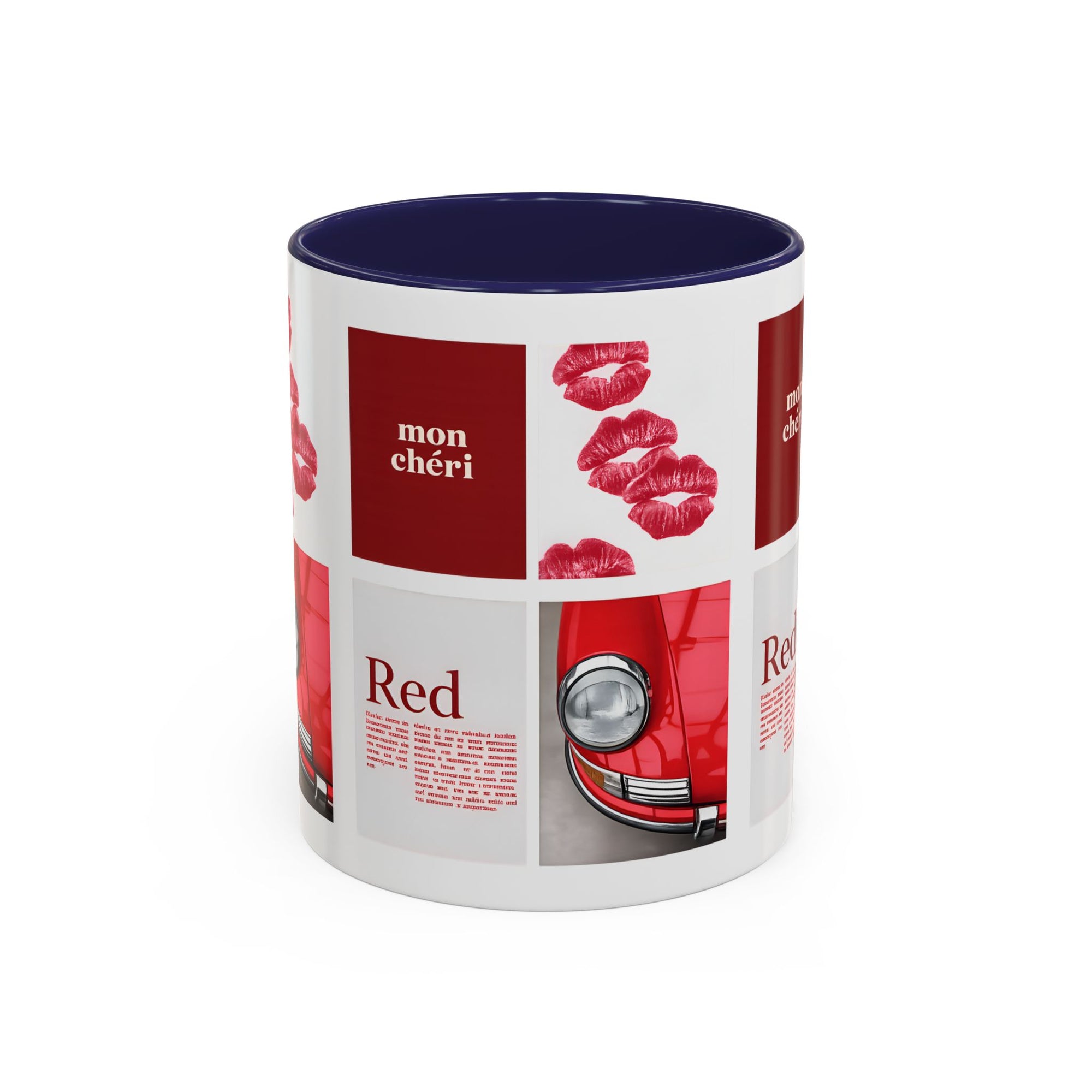 Red Mug | Vintage Car & Kiss Print Coffee Cup | Colorful Ceramic