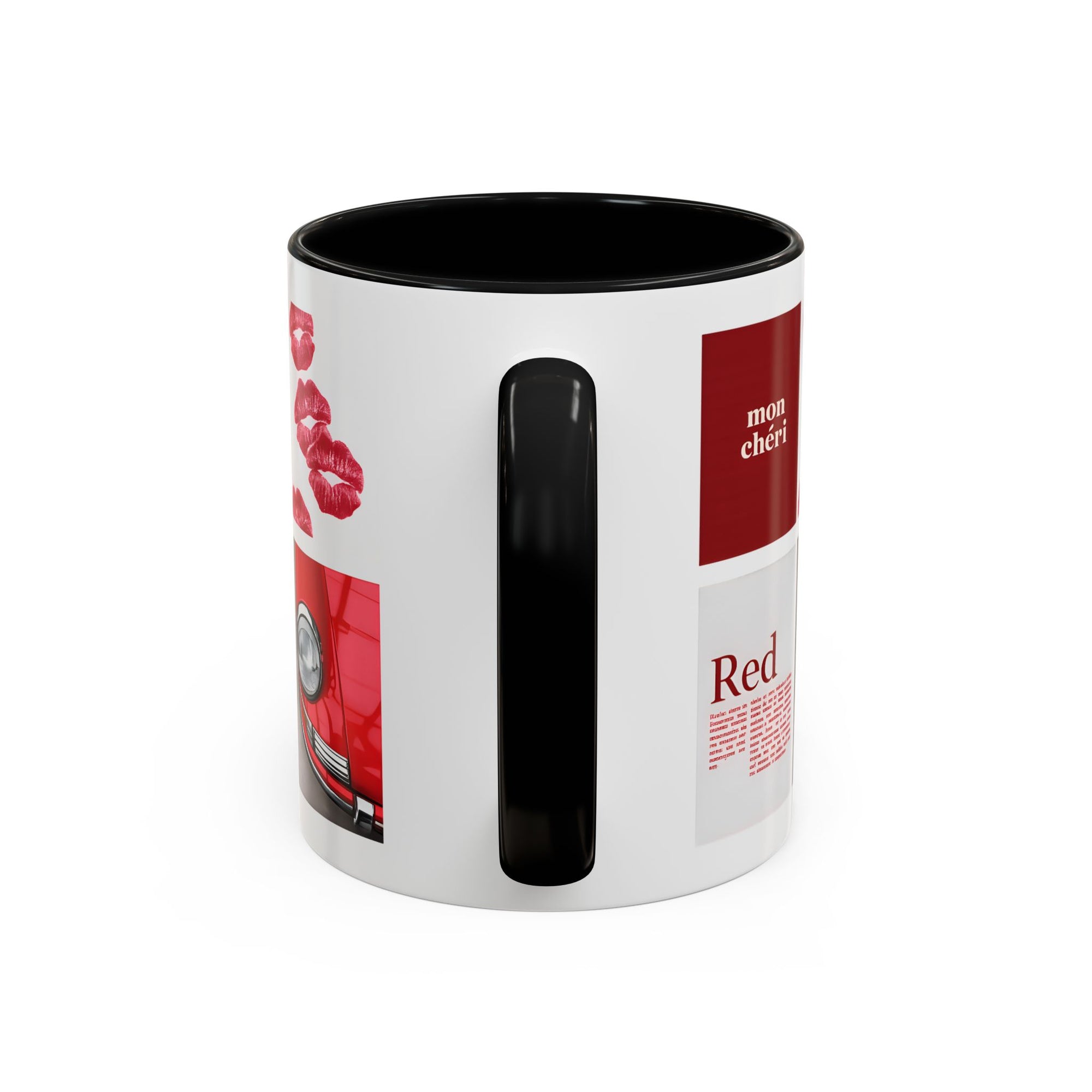 Red Mug | Vintage Car & Kiss Print Coffee Cup | Colorful Ceramic